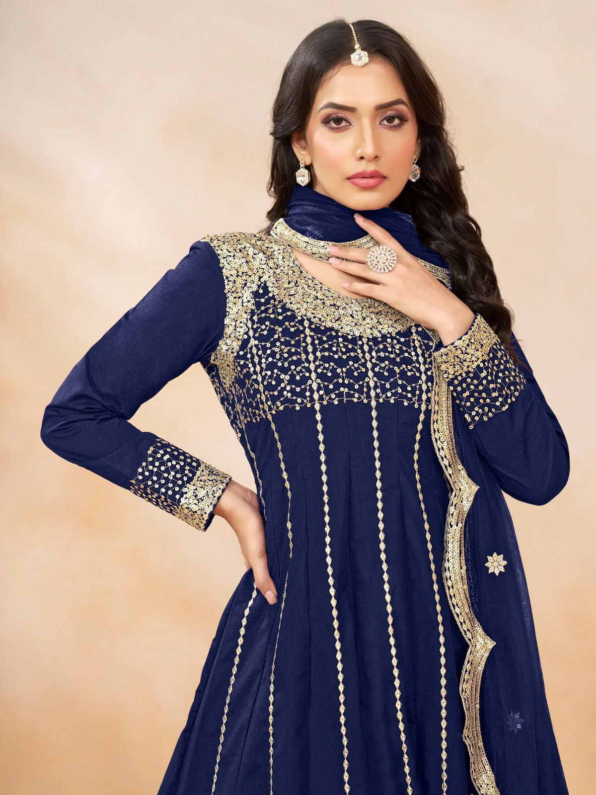 Odette Navy Blue Art Silk Embellished Semi Stitched Kurta Set For Women - Image 4