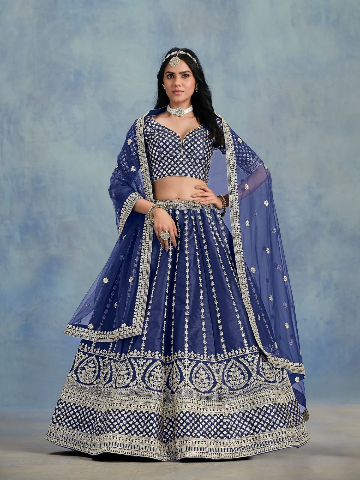 Odette Navy Blue Art Silk Embellished Semi-Stitched lehenga For Women