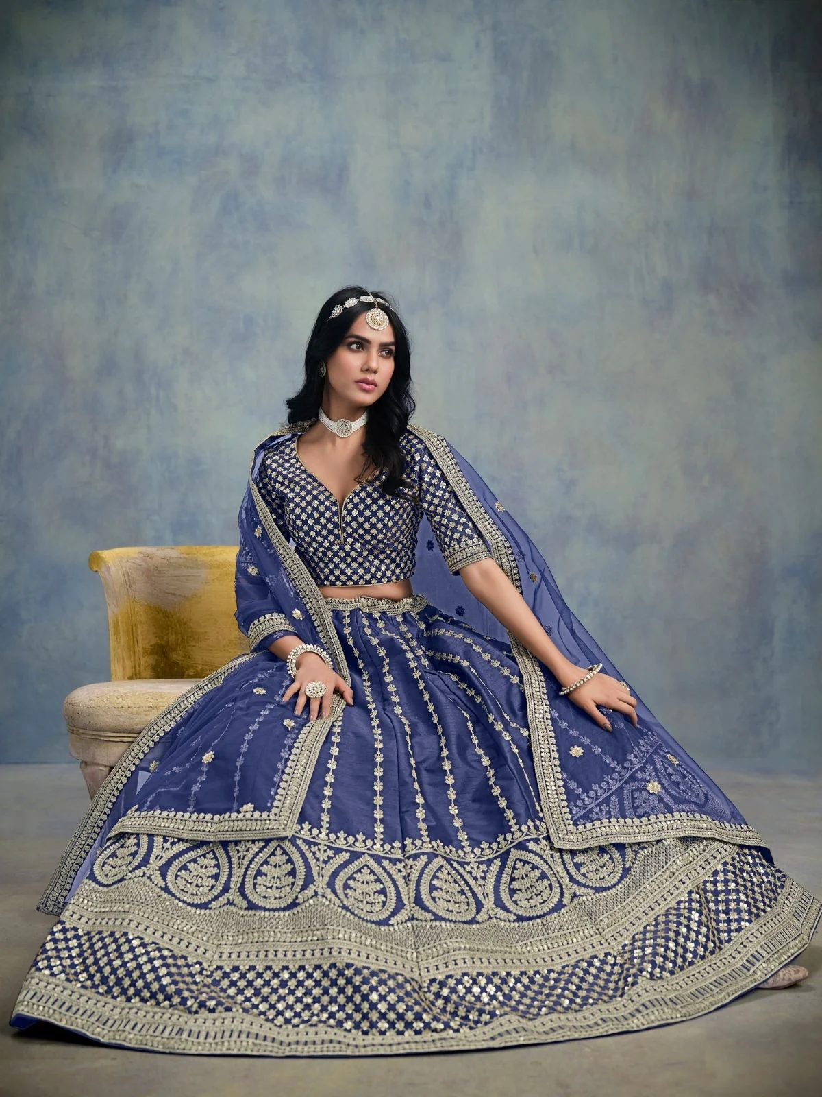 Odette Navy Blue Art Silk Embellished Semi-Stitched lehenga For Women - Image 2