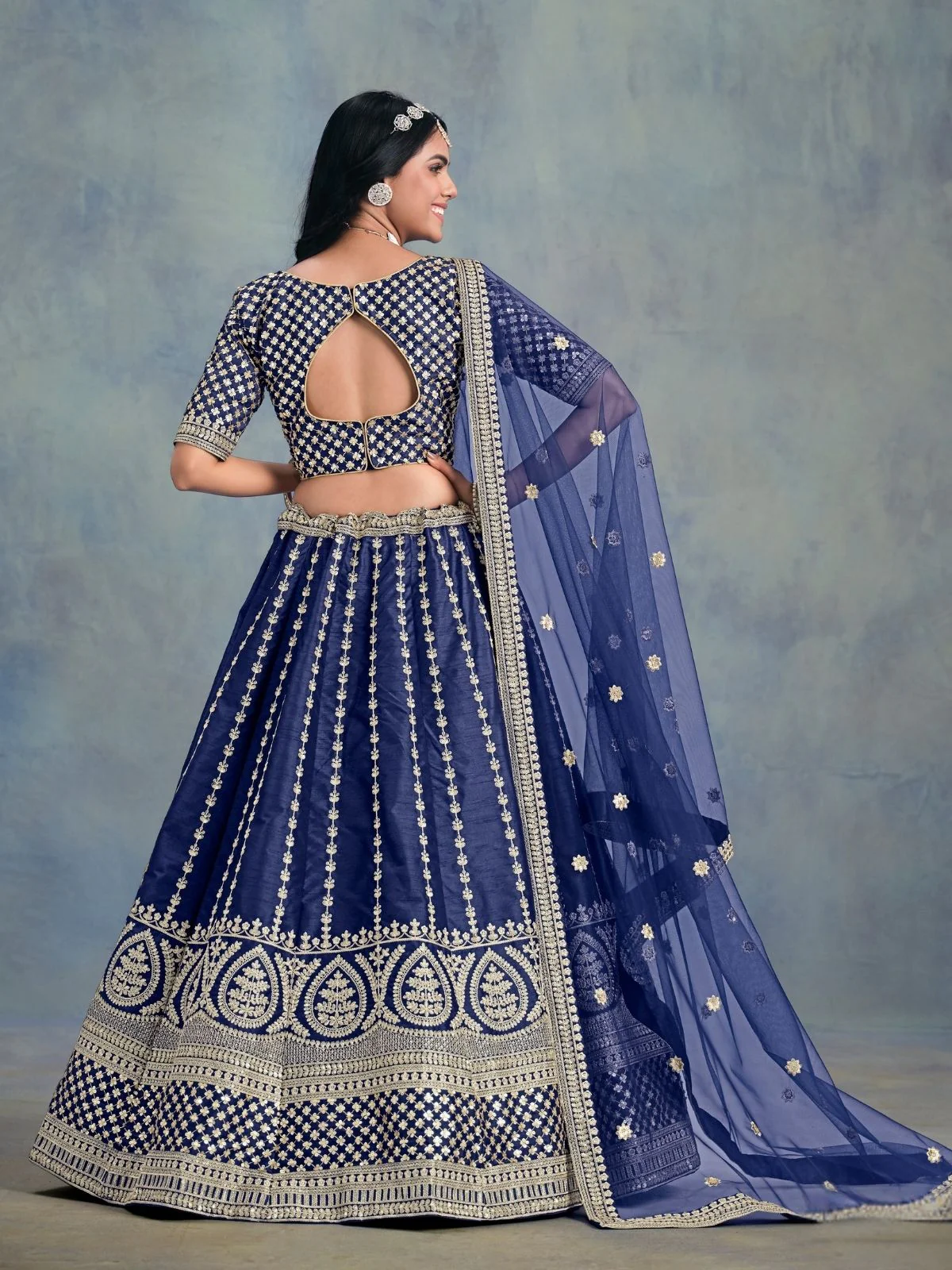 Odette Navy Blue Art Silk Embellished Semi-Stitched lehenga For Women - Image 4