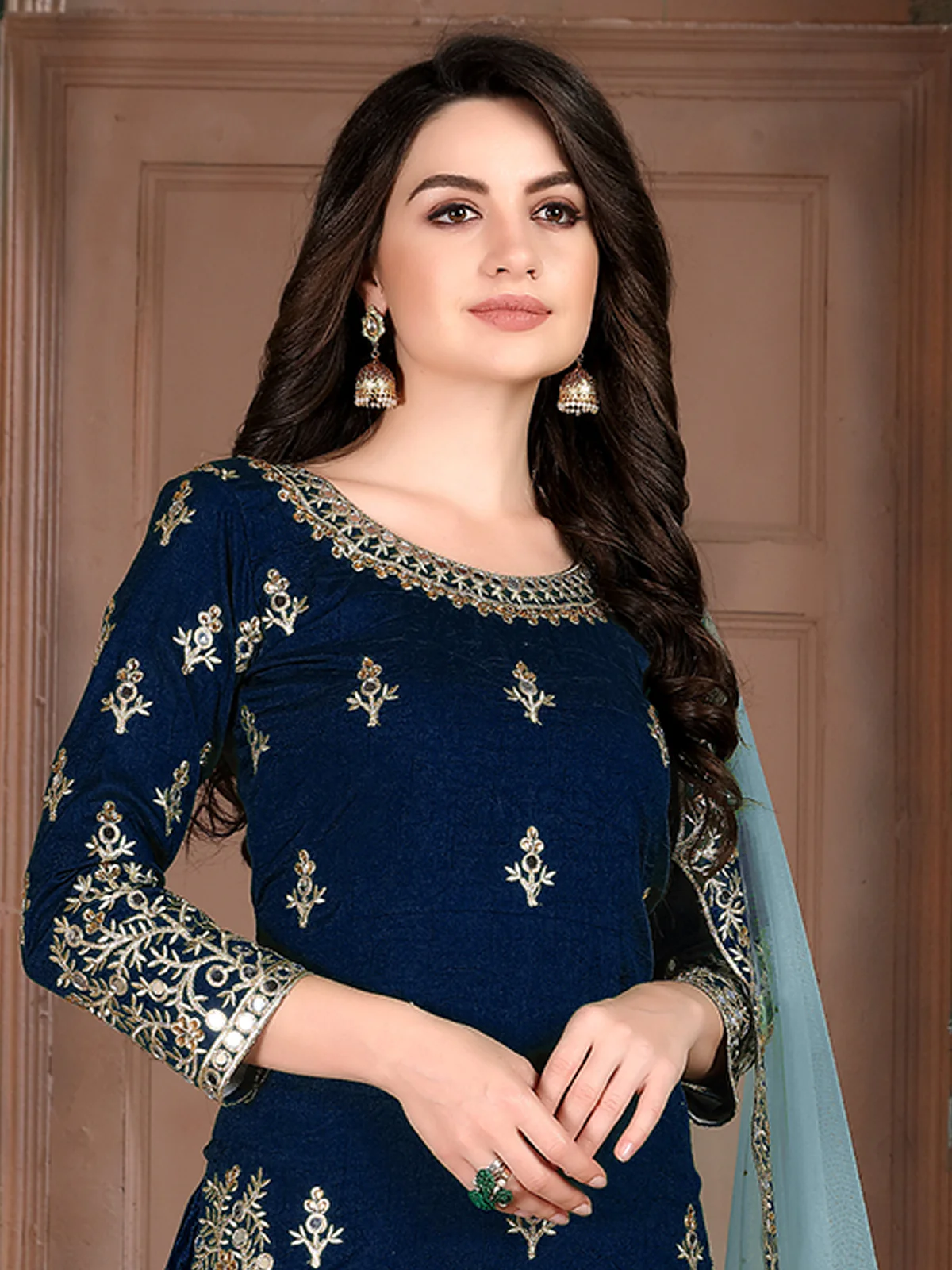 Odette Navy Blue Art Silk Embroidered Semi stitched Kurta Set with Inner For Women - Image 2