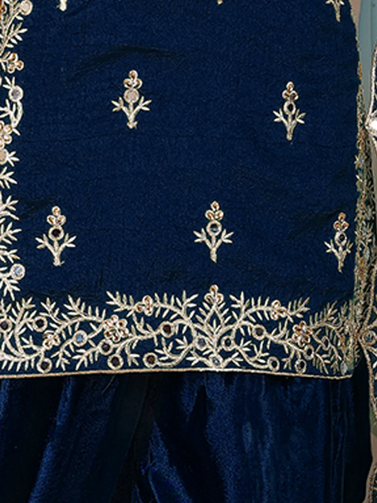 Odette Navy Blue Art Silk Embroidered Semi stitched Kurta Set with Inner For Women - Image 3