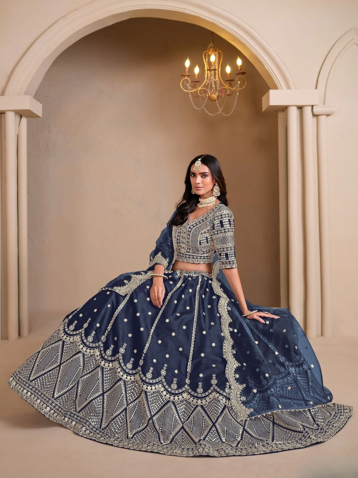 Odette Navy Blue Art Silk Embroidered Semi-Stitched lehenga For Women - Image 2