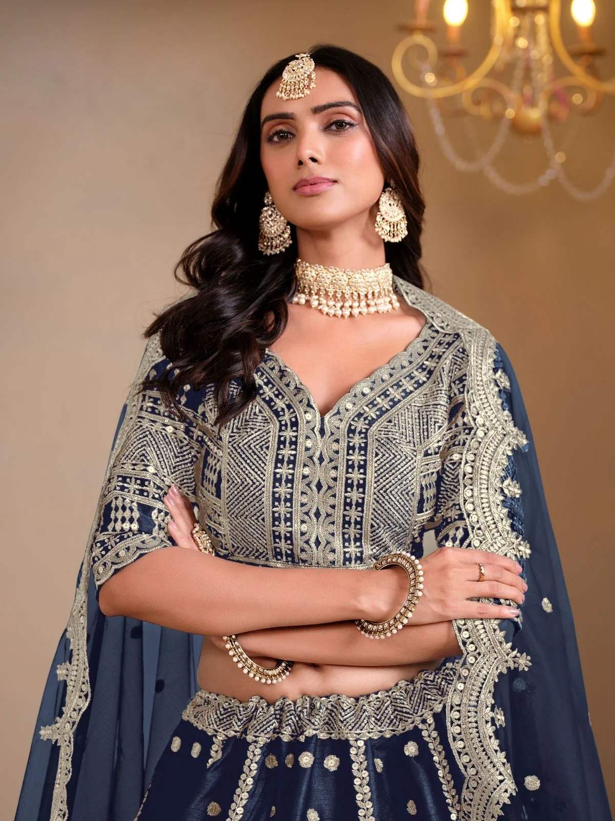 Odette Navy Blue Art Silk Embroidered Semi-Stitched lehenga For Women - Image 3
