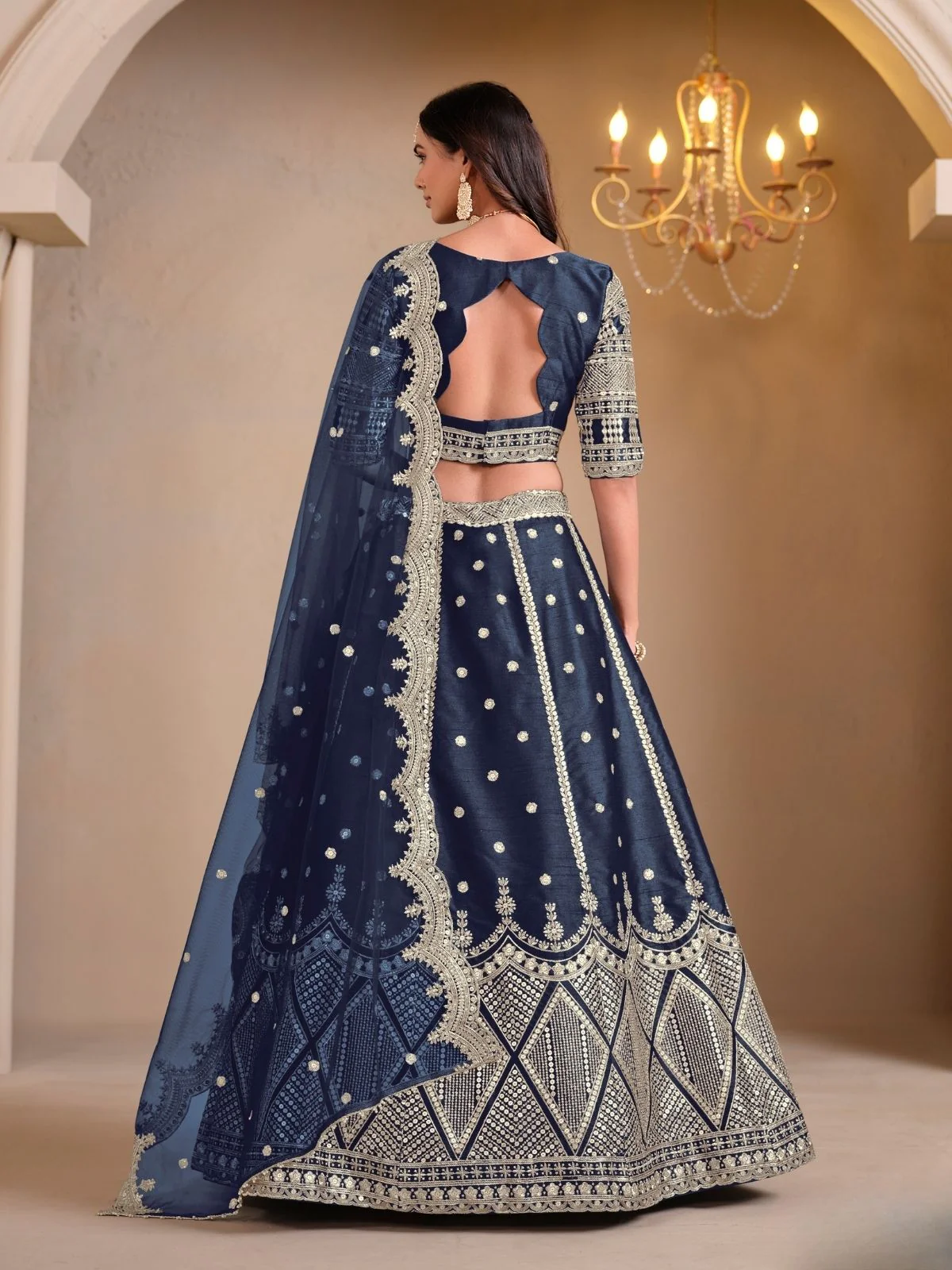 Odette Navy Blue Art Silk Embroidered Semi-Stitched lehenga For Women - Image 4