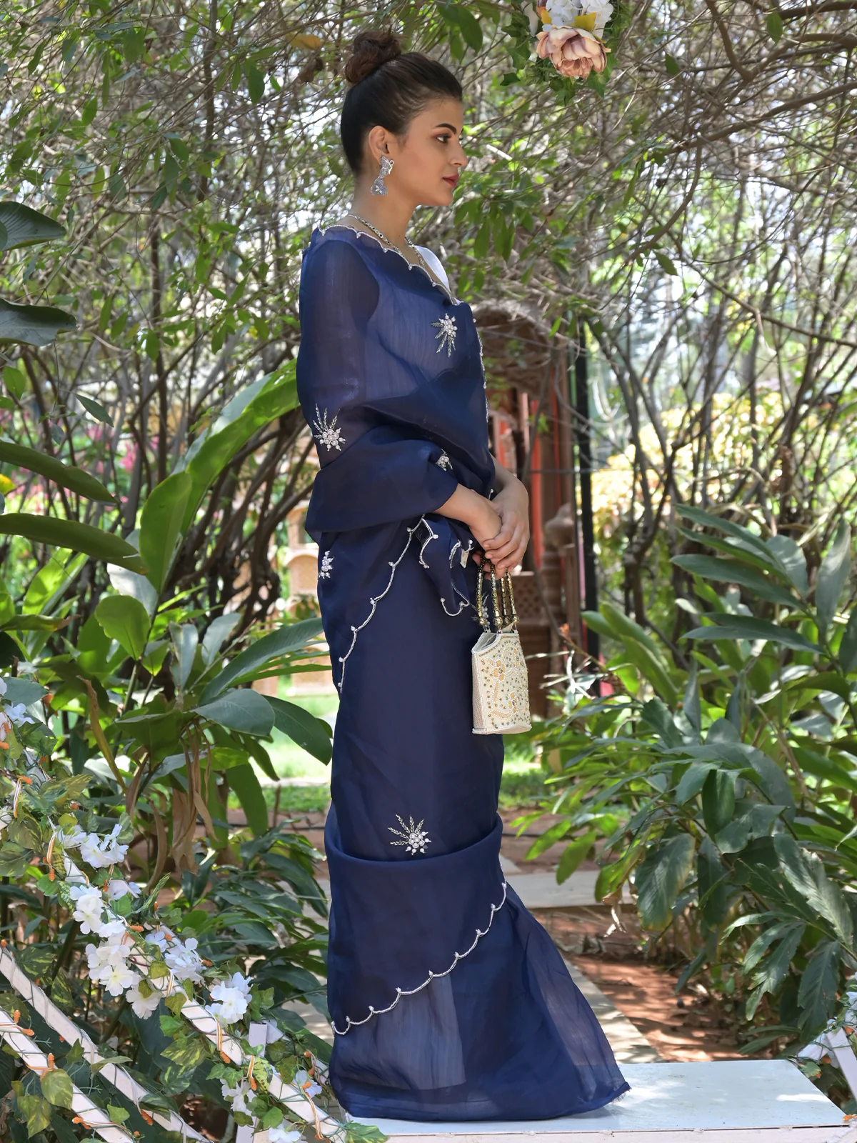 Odette Navy Blue Beads Embroidered Khadi Organza Saree with Unstitched Blouse for Women - Image 2