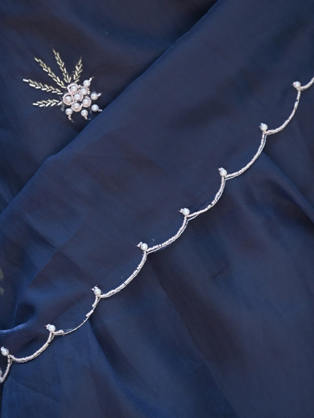 Odette Navy Blue Beads Embroidered Khadi Organza Saree with Unstitched Blouse for Women - Image 5