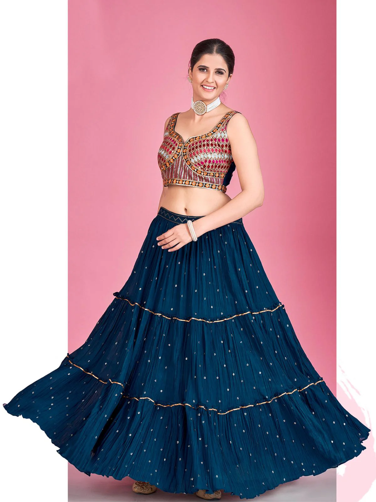 Odette Navy Blue Georgette Embellished  Stitched Lehenga Set  For Women - Image 2