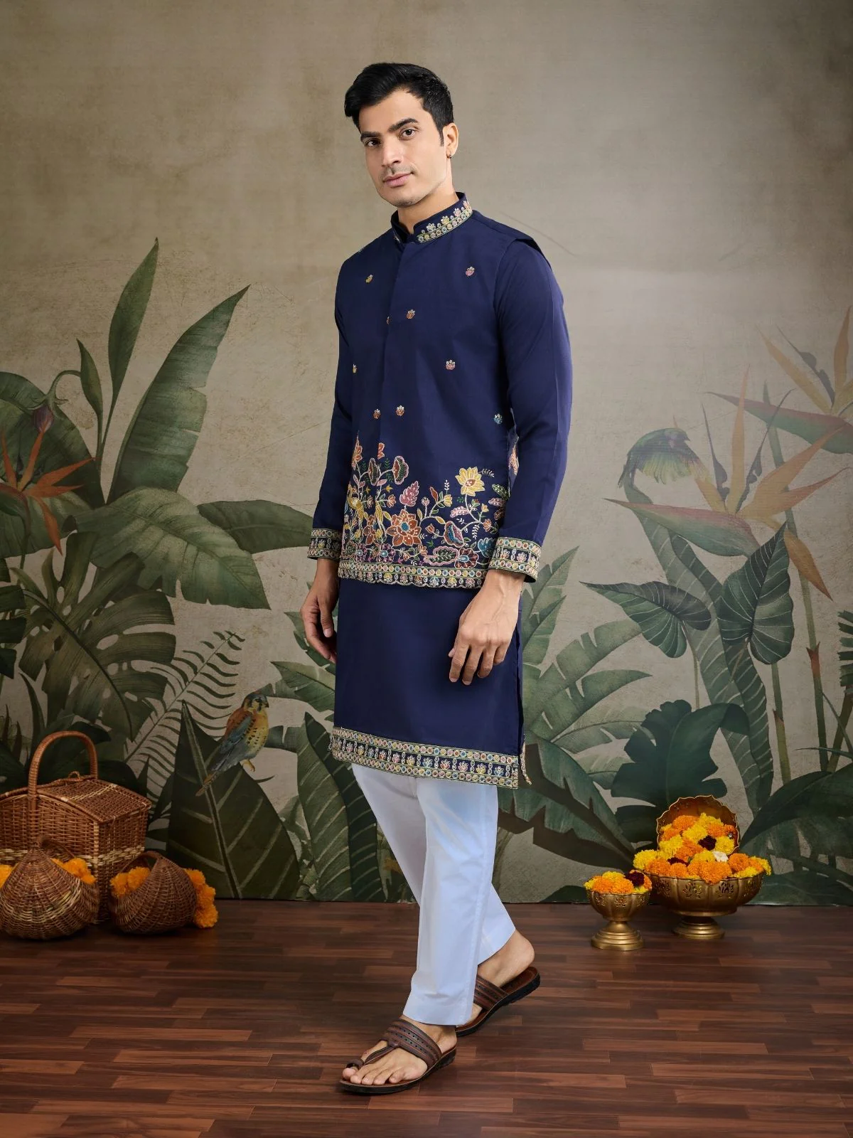 Odette Navy Blue Cotton Blend Embroidered Stitched Kurta For Men - Image 3