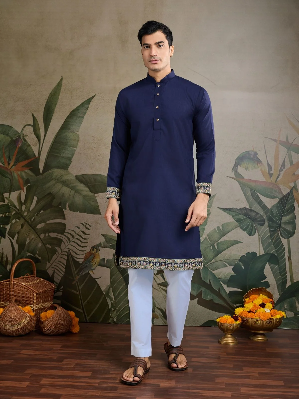 Odette Navy Blue Cotton Blend Embroidered Stitched Kurta For Men - Image 4