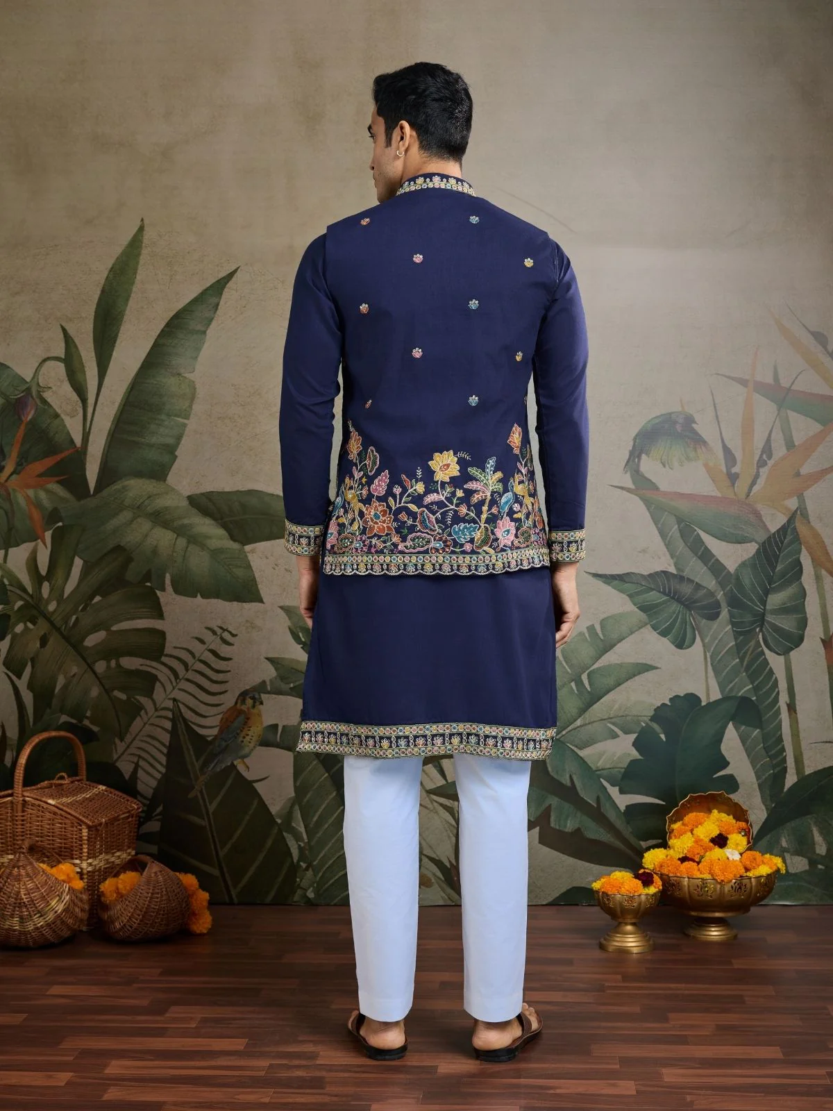 Odette Navy Blue Cotton Blend Embroidered Stitched Kurta For Men - Image 5