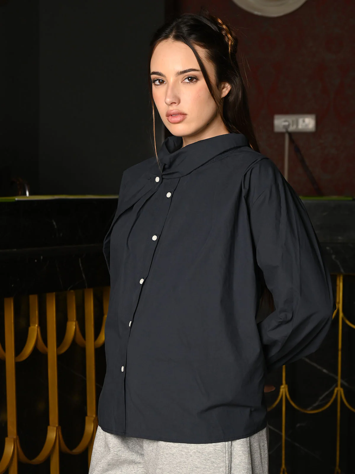 Odette Navy Blue Cotton Solid Tie Up Shirt For Women - Image 3