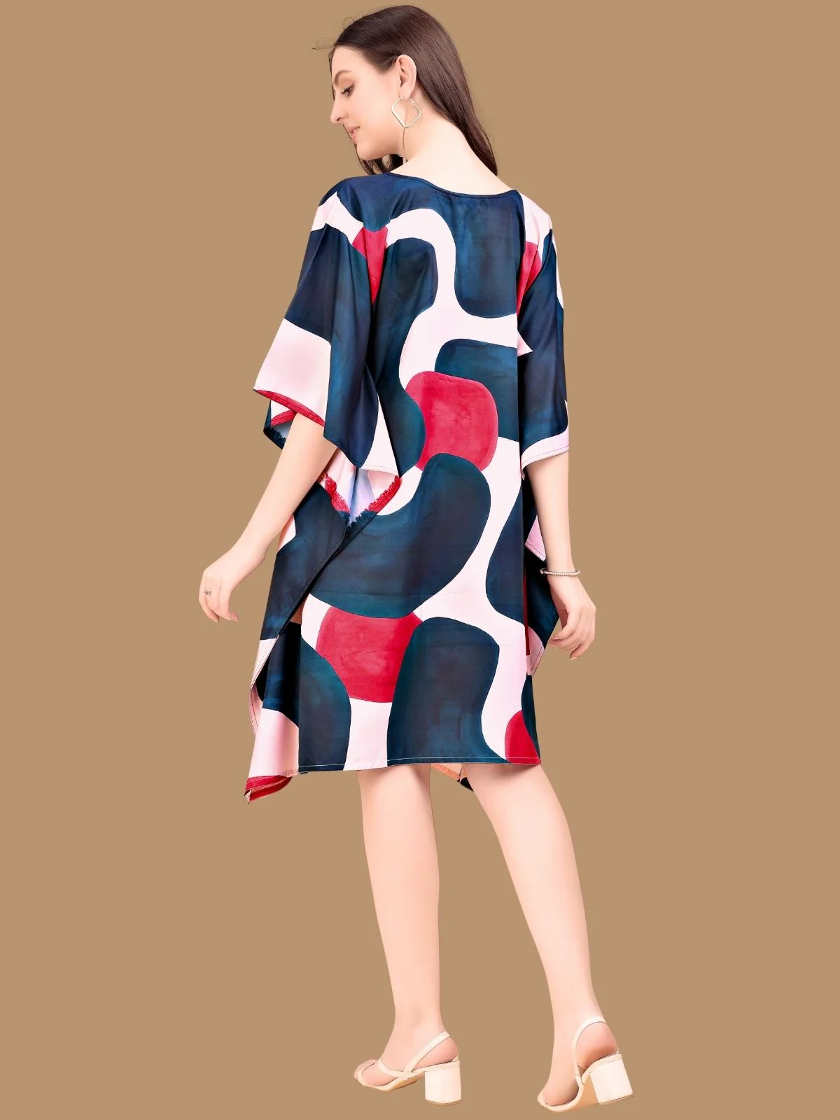 Odette Navy Blue Crepe Printed Kaftan For Women - Image 3