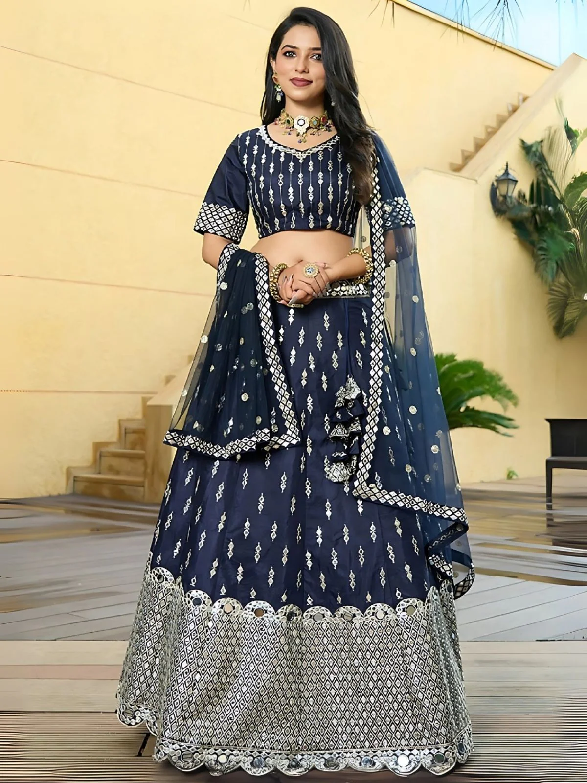 Odette Navy Blue Dola Silk Embellished Semi-Stitched Lehenga For Women