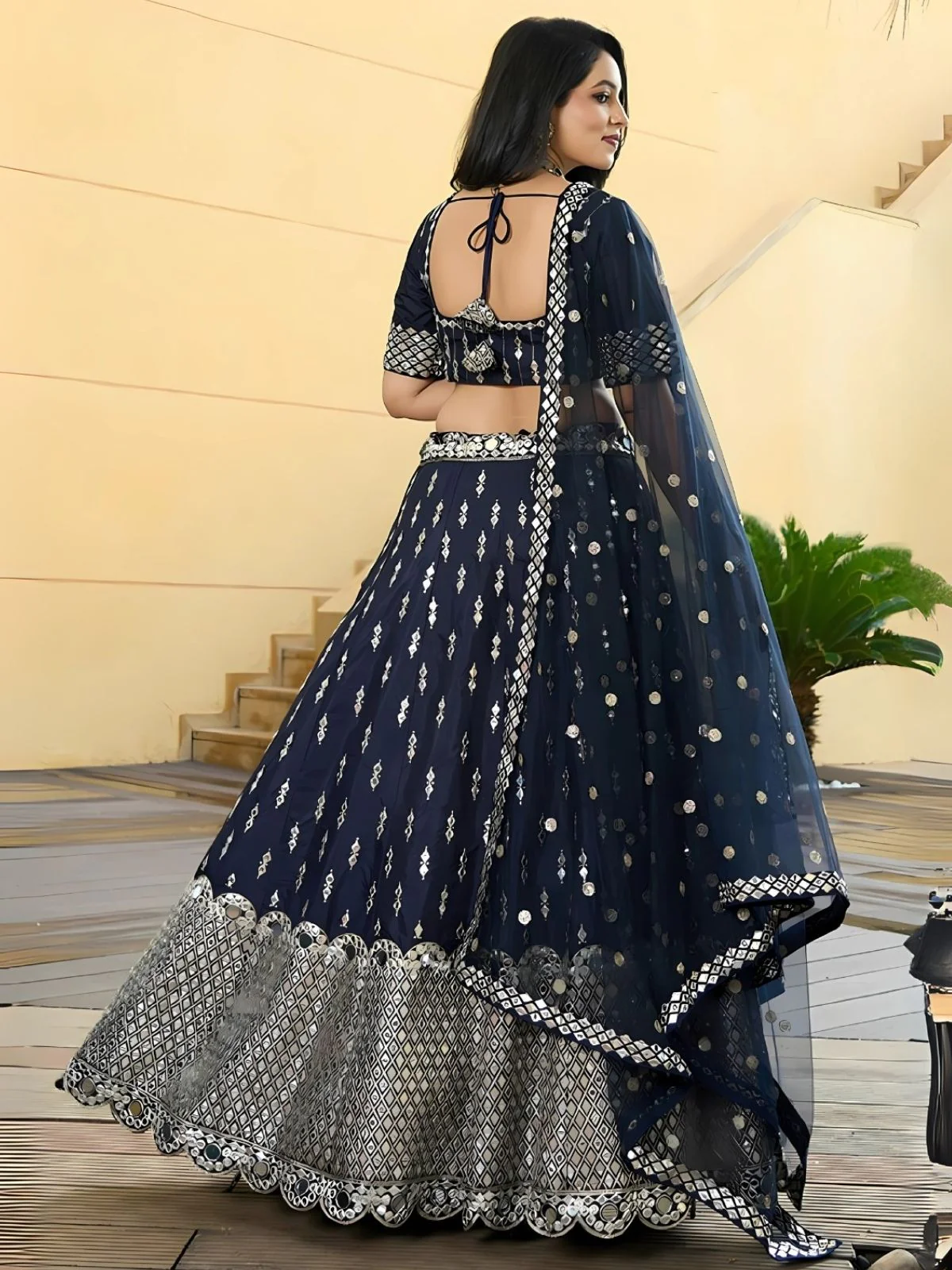 Odette Navy Blue Dola Silk Embellished Semi-Stitched Lehenga For Women - Image 2