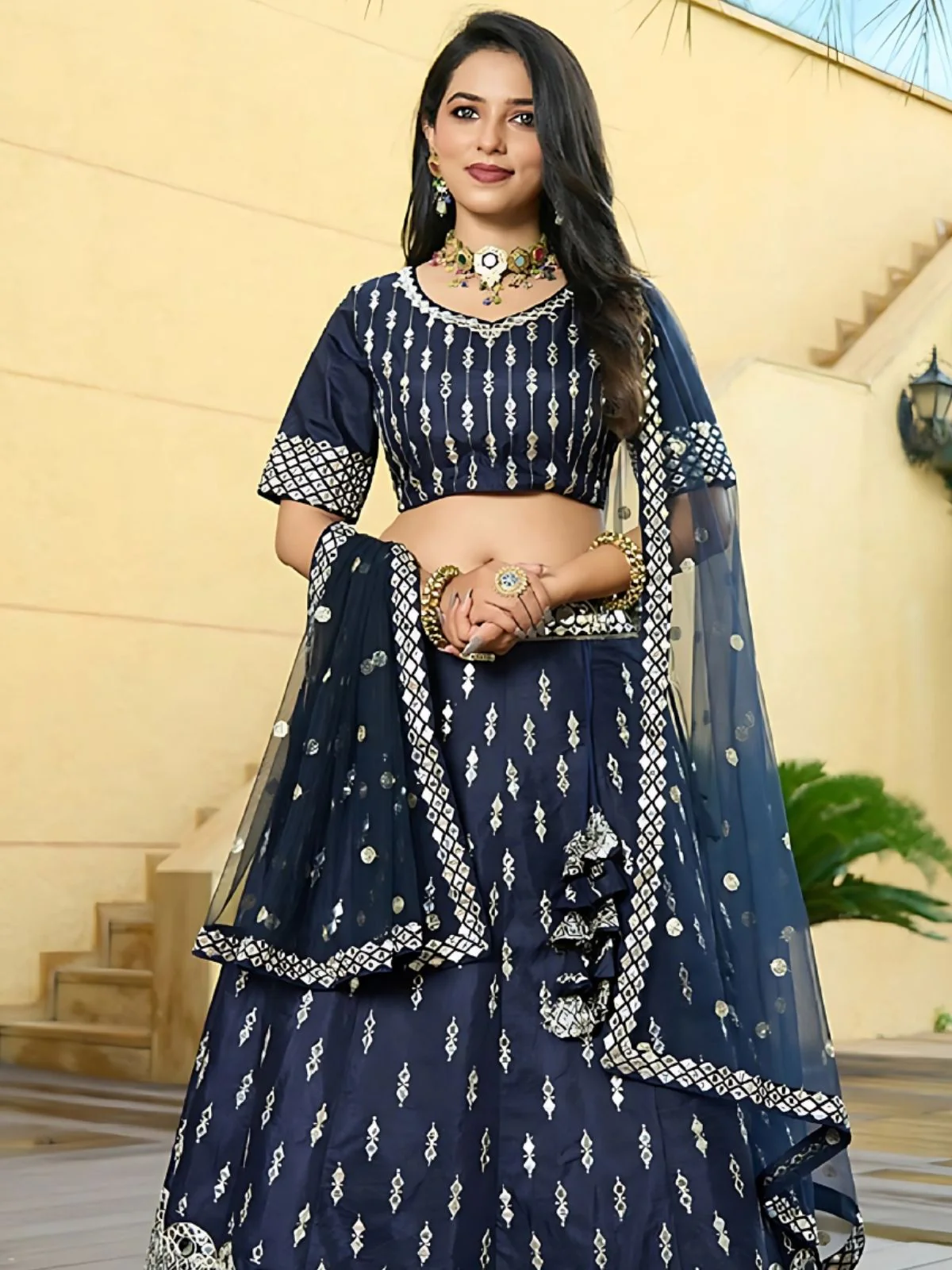 Odette Navy Blue Dola Silk Embellished Semi-Stitched Lehenga For Women - Image 3