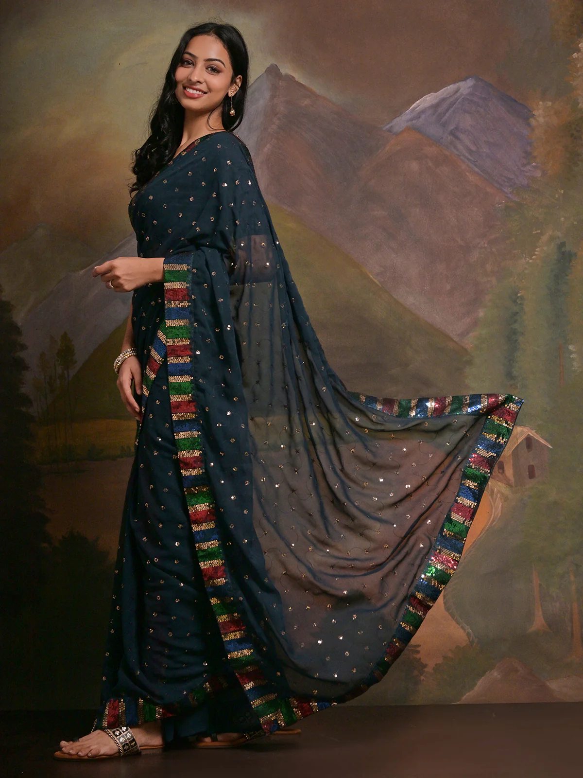 Odette Navy Blue Embellished Georgette Saree With Unstitched Blouse For Women - Image 2