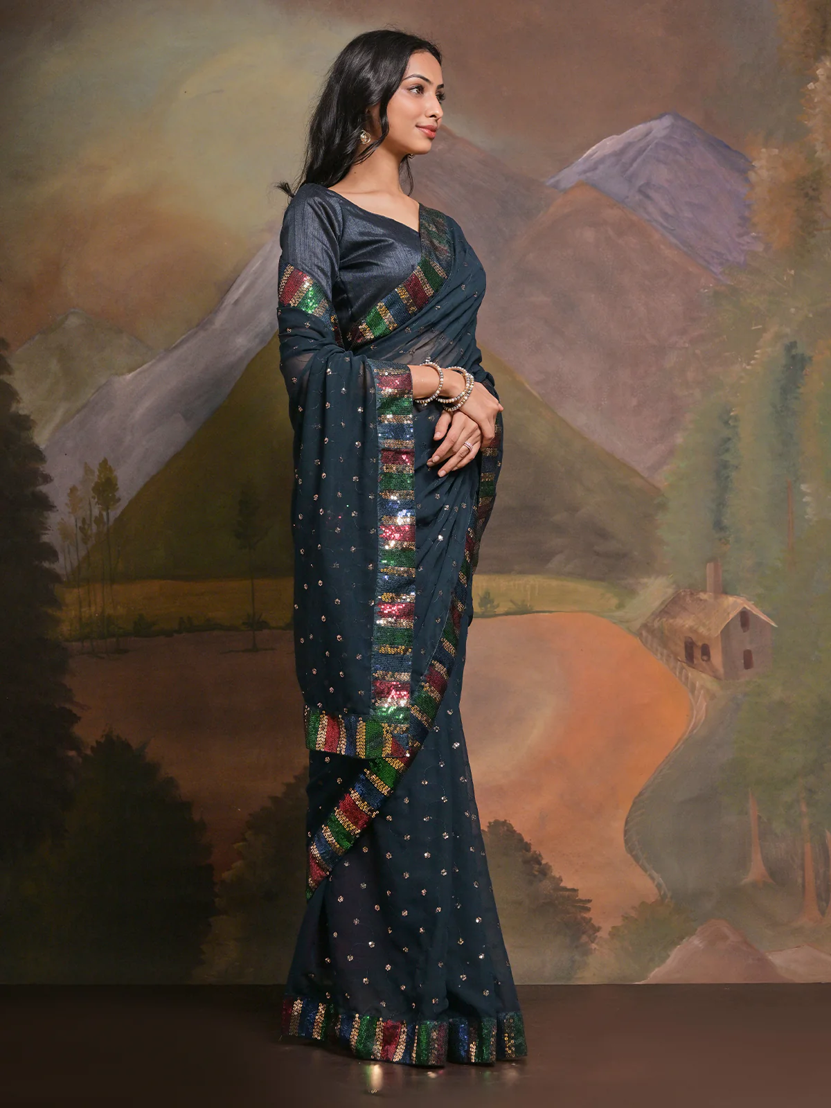 Odette Navy Blue Embellished Georgette Saree With Unstitched Blouse For Women - Image 3