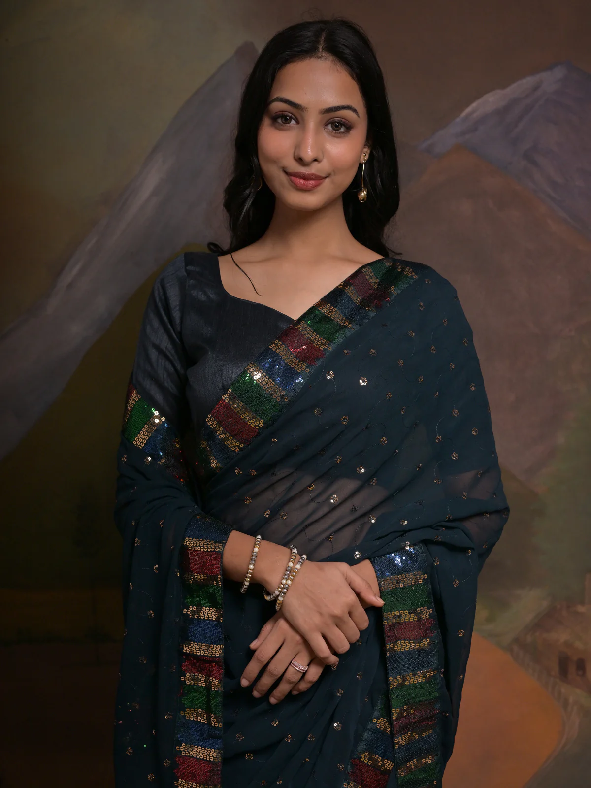 Odette Navy Blue Embellished Georgette Saree With Unstitched Blouse For Women - Image 5