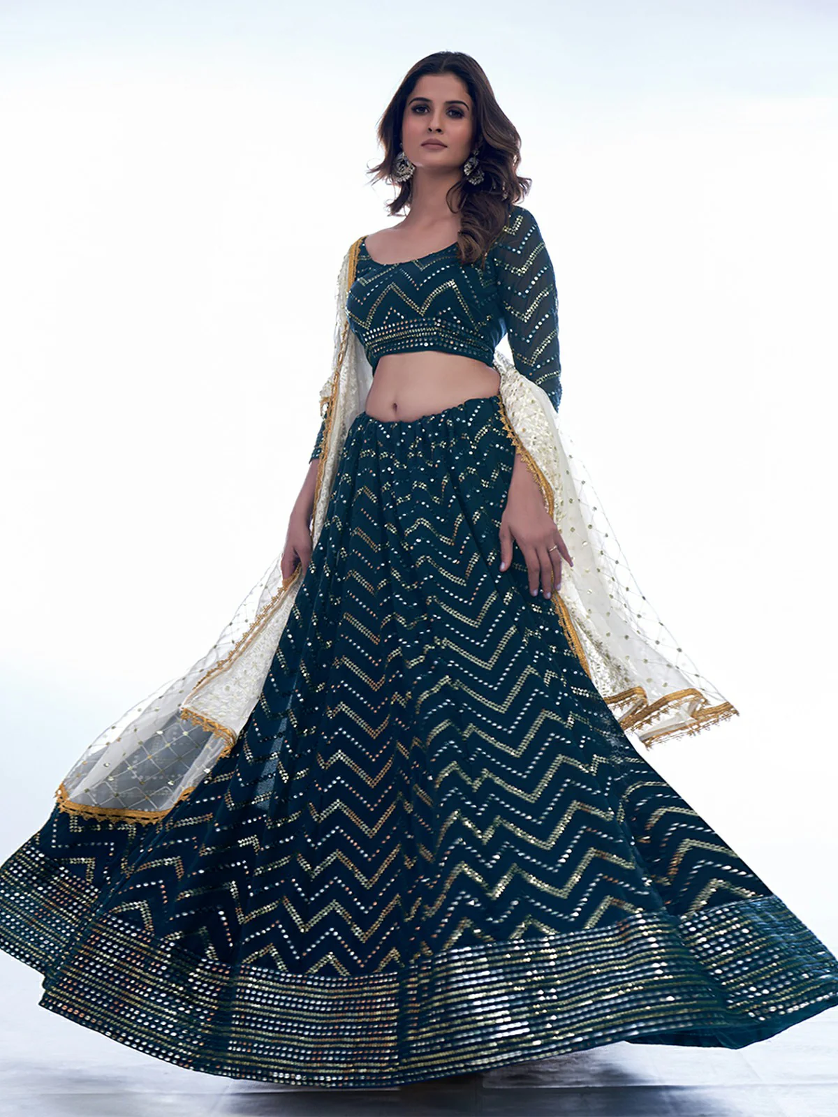 Odette Navy Blue Embellished Georgette Semi Stitched Lehenga With Blouse For Women - Image 2