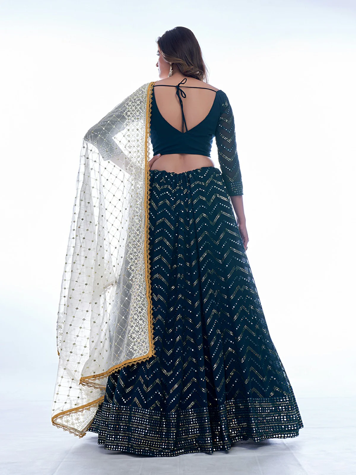 Odette Navy Blue Embellished Georgette Semi Stitched Lehenga With Blouse For Women - Image 5