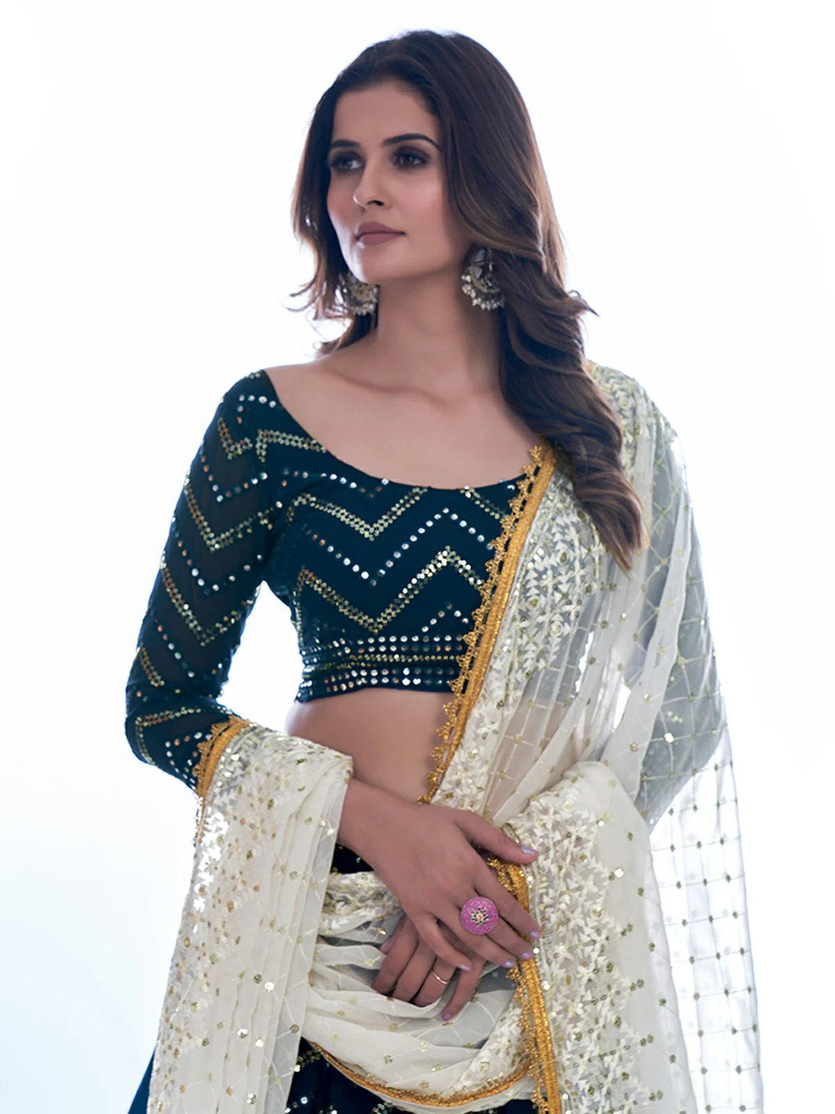 Odette Navy Blue Embellished Georgette Semi Stitched Lehenga With Blouse For Women - Image 6
