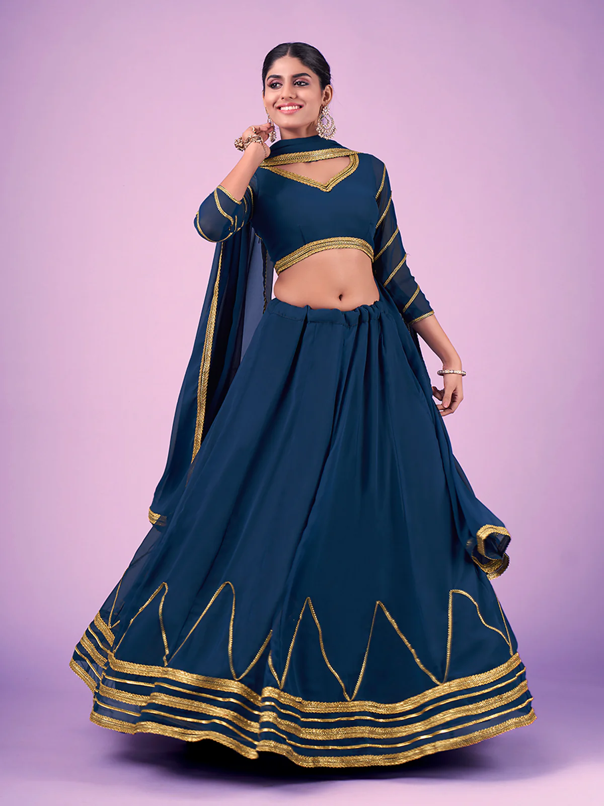 Odette Navy Blue Embellished Georgette Semi Stitched Lehenga With Blouse For Women - Image 2