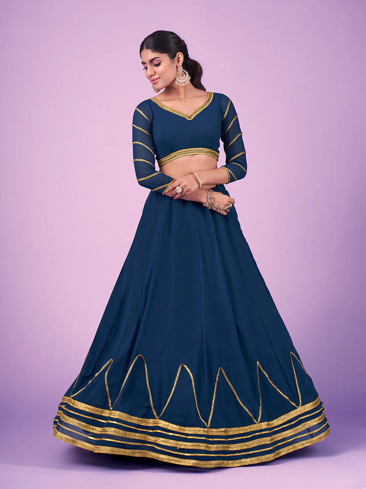 Odette Navy Blue Embellished Georgette Semi Stitched Lehenga With Blouse For Women - Image 3