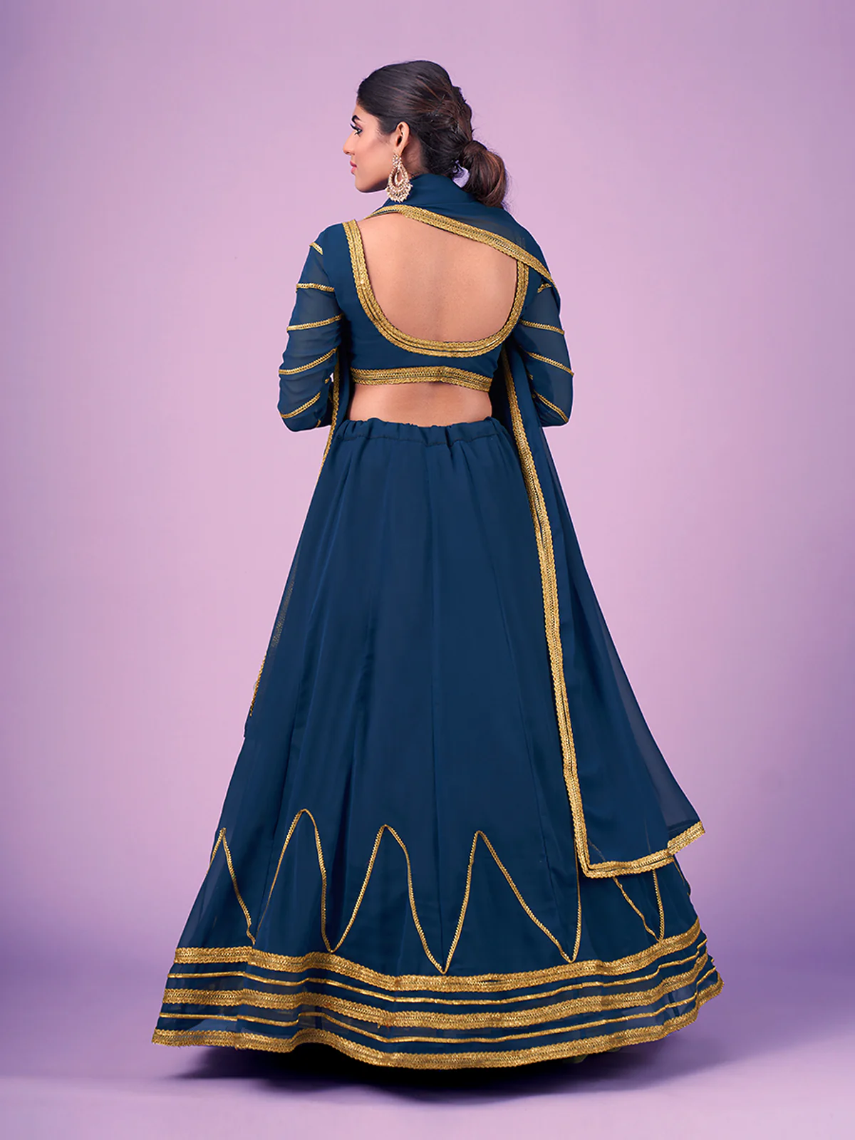 Odette Navy Blue Embellished Georgette Semi Stitched Lehenga With Blouse For Women - Image 4