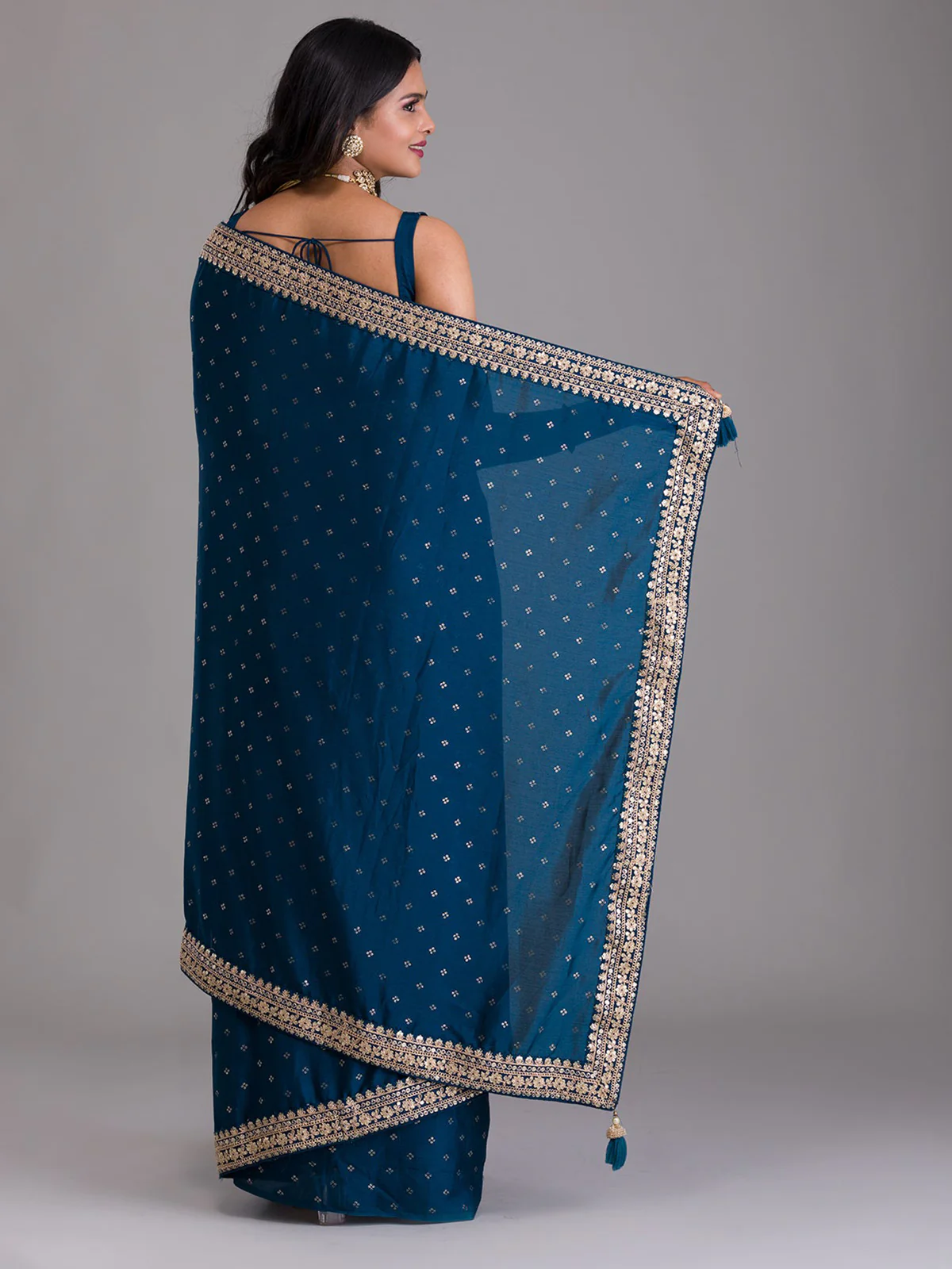 Odette Navy Blue Embroidered Art Silk Saree With Unstitched Blouse For Women - Image 5