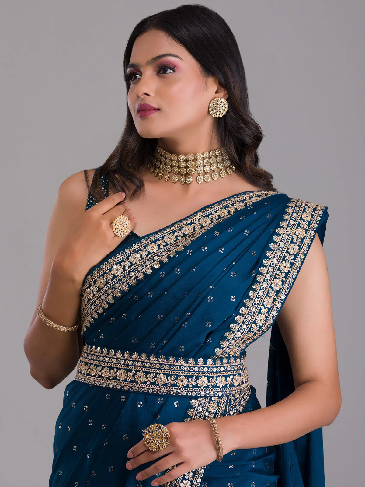 Odette Navy Blue Embroidered Art Silk Saree With Unstitched Blouse For Women - Image 6