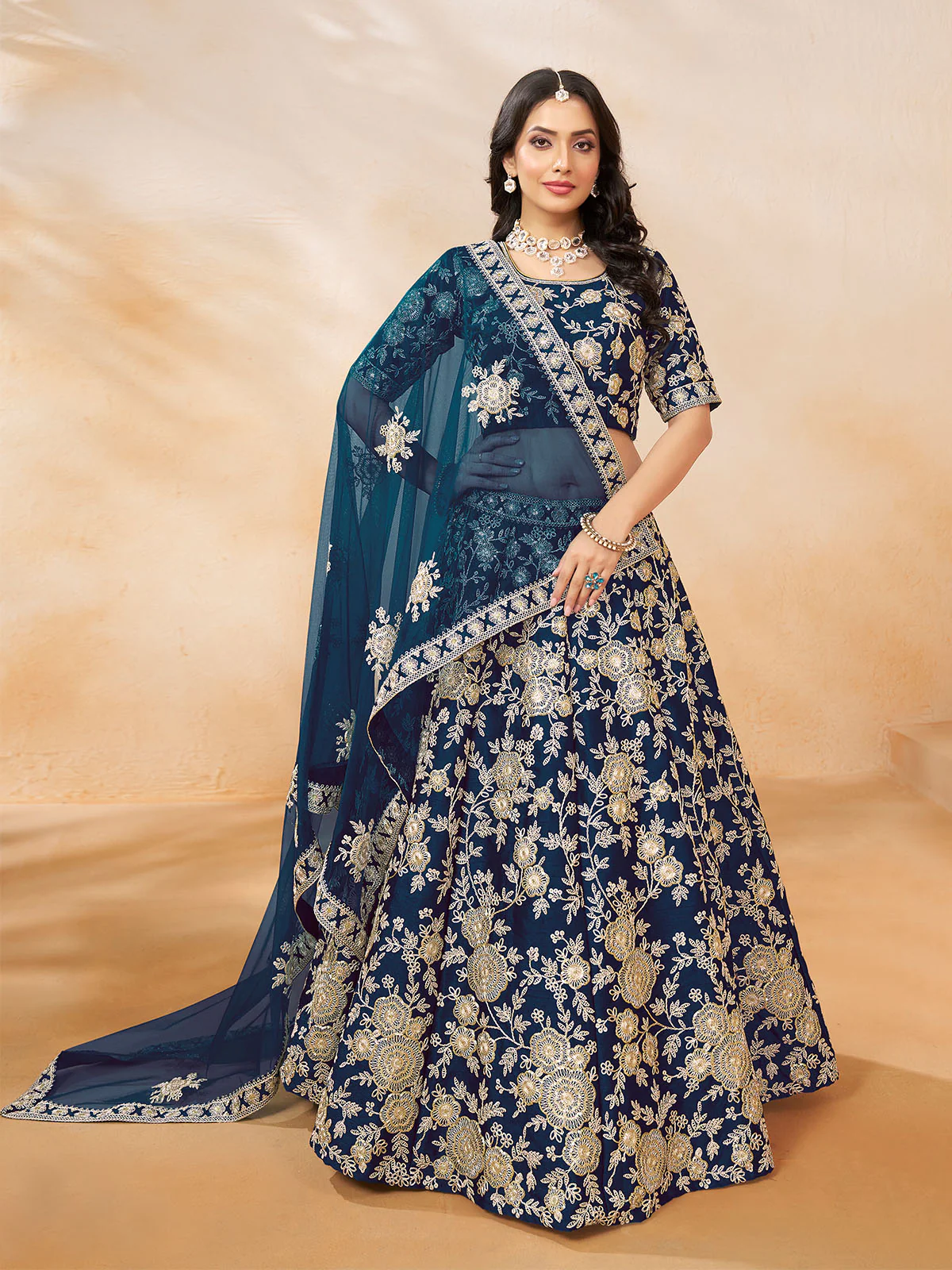 Odette Navy Blue Embroidered Art Silk Semi Stitched Lehenga With Unstitched Blouse For Women - Image 2