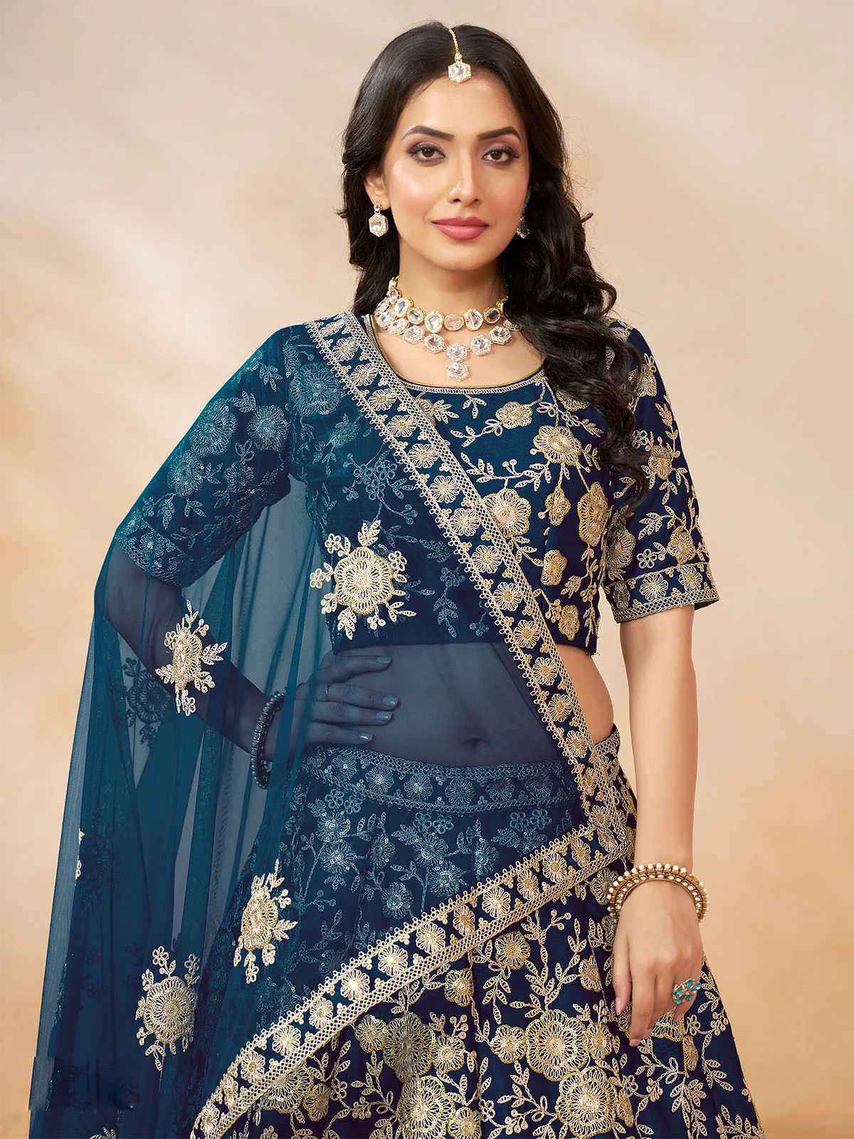 Odette Navy Blue Embroidered Art Silk Semi Stitched Lehenga With Unstitched Blouse For Women - Image 3