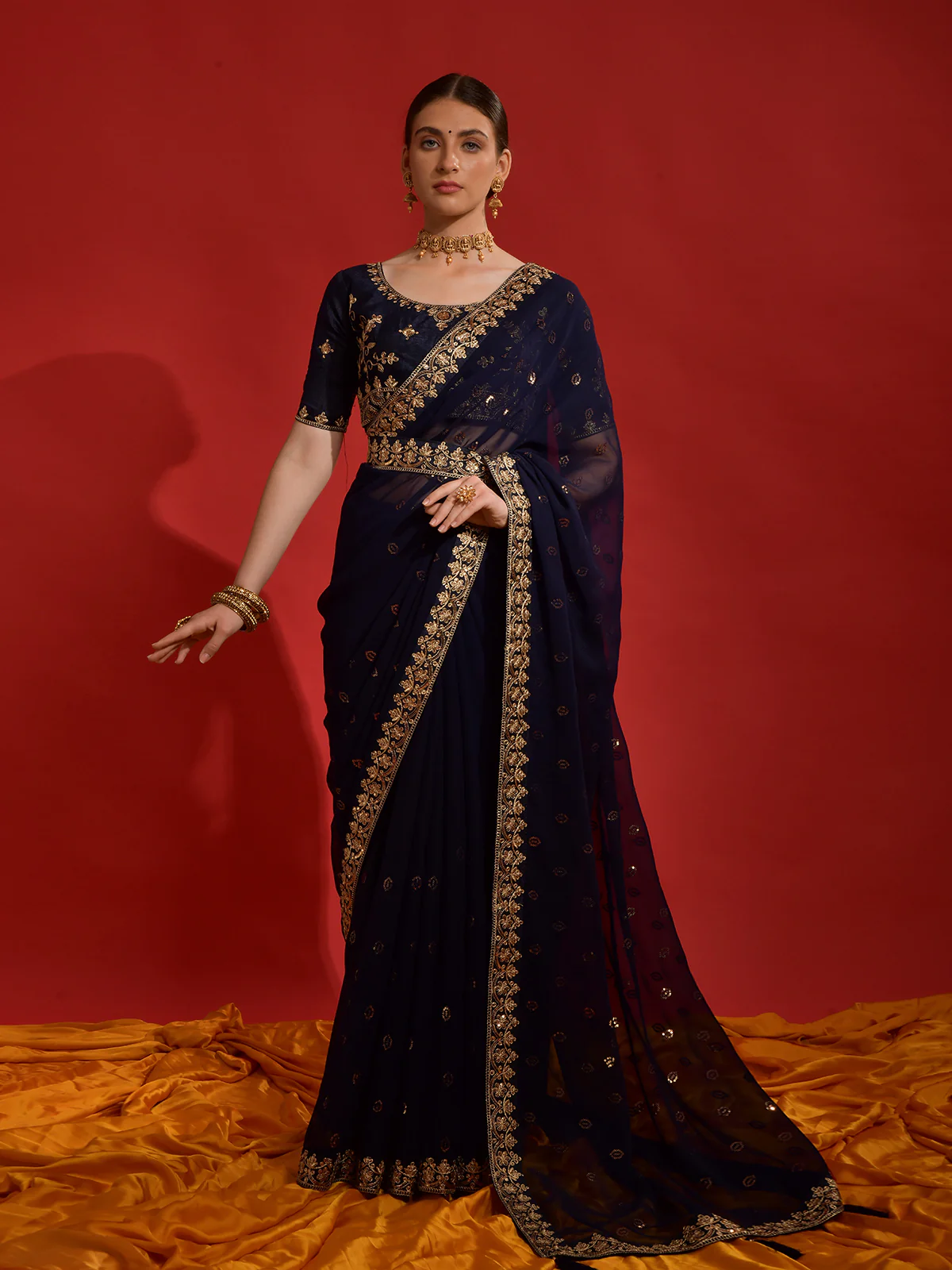 Odette Navy Blue Embroidered Georgette Saree With Unstitched Blouse For Women - Image 2