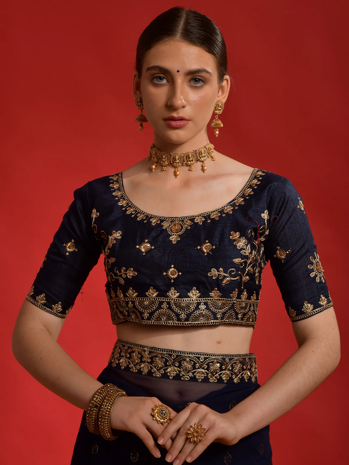 Odette Navy Blue Embroidered Georgette Saree With Unstitched Blouse For Women - Image 6