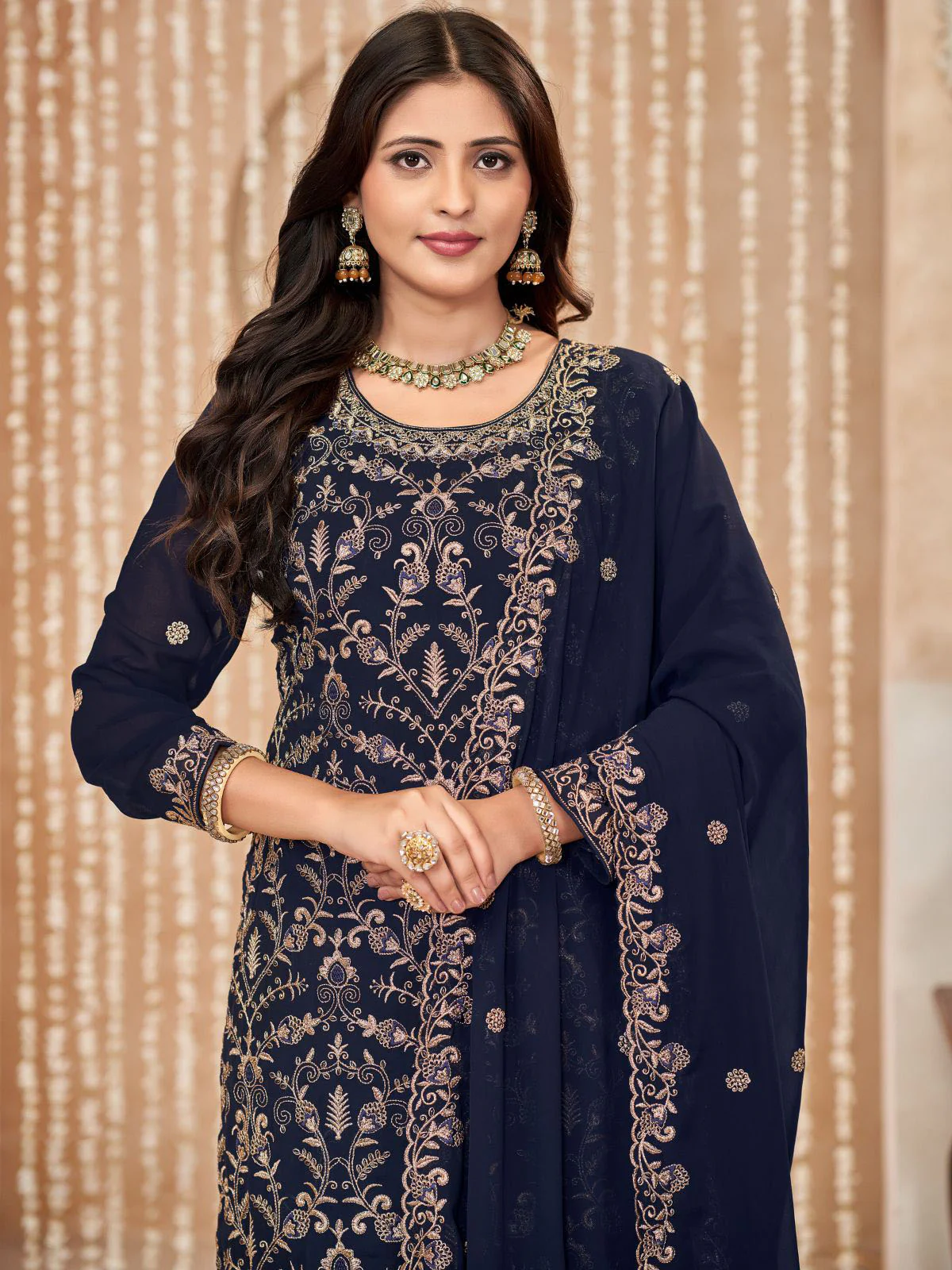 Odette Navy Blue Embroidered Georgette Semi Stitched Kurta Set With Dupatta For Women - Image 4