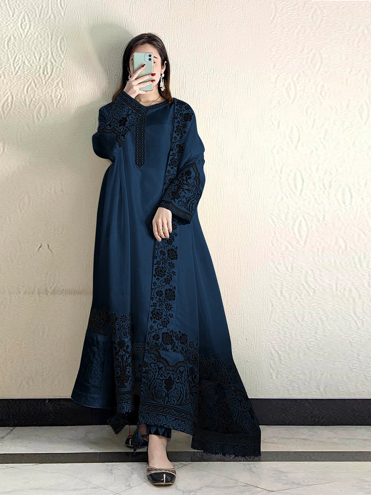 Odette Navy Blue Embroidered Georgette Semi Stitched Kurta Set with Dupatta For Women