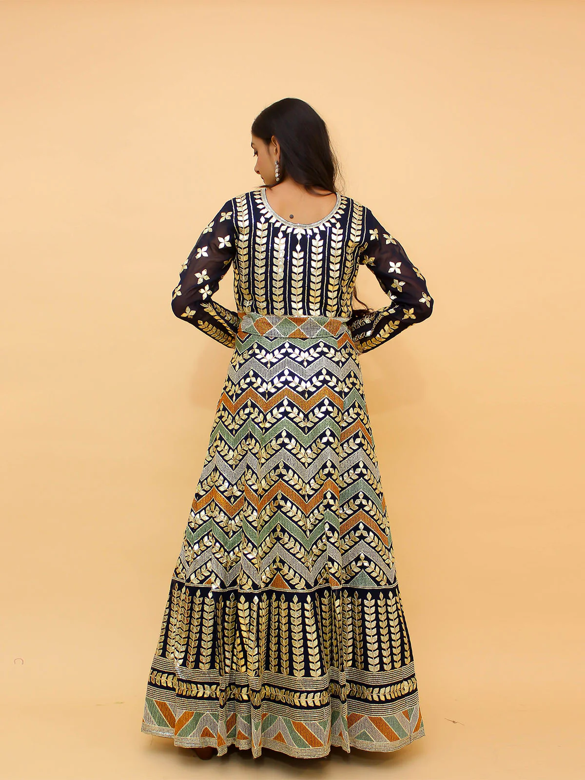 Odette Navy Blue Embroidered Georgette Stitched Lehenga With Blouse For Women - Image 3