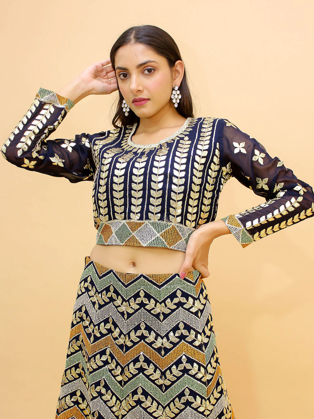 Odette Navy Blue Embroidered Georgette Stitched Lehenga With Blouse For Women - Image 4