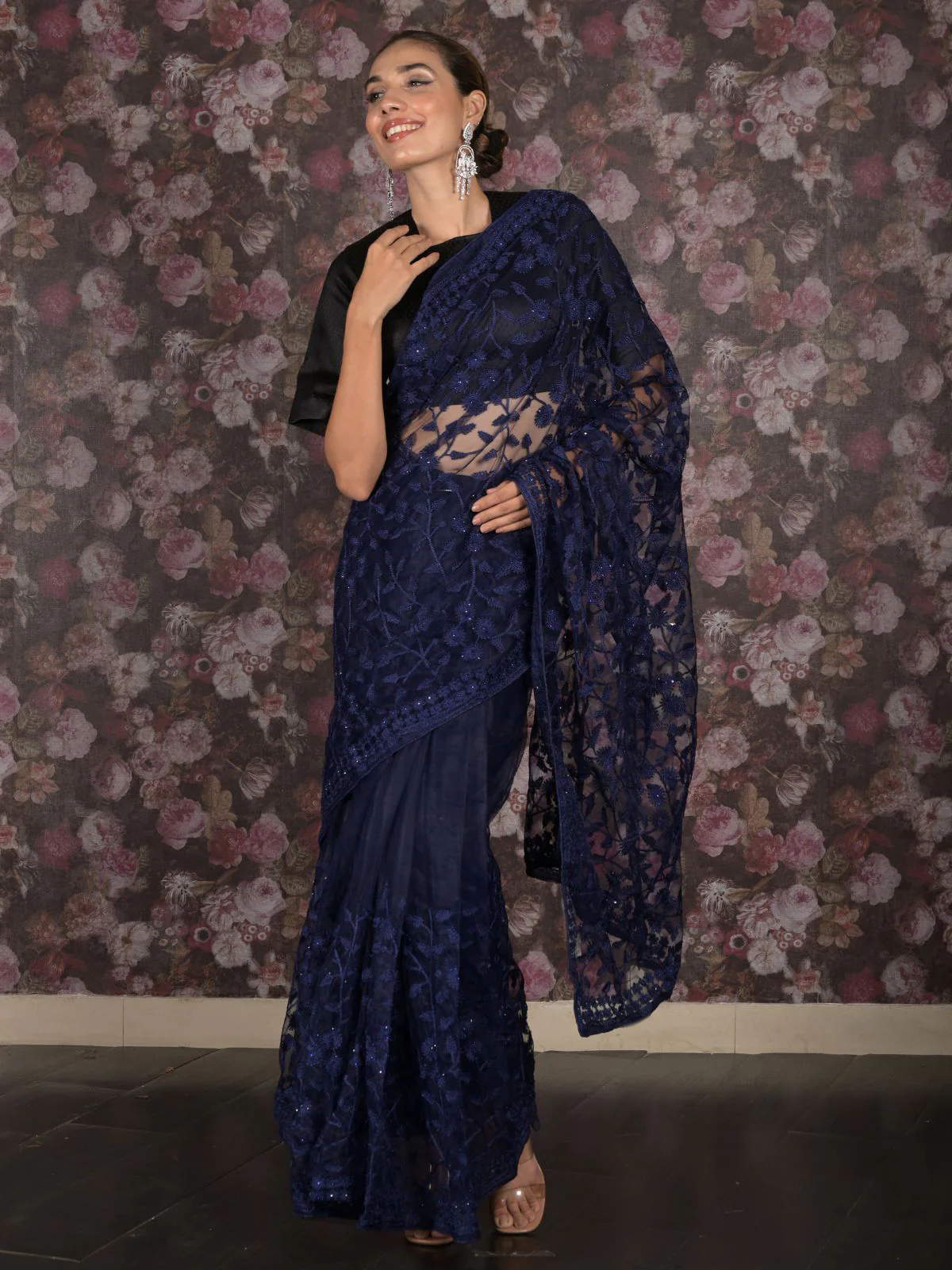 Odette Navy Blue Embroidered Net Saree with Unstitched Blouse for Women - Image 2