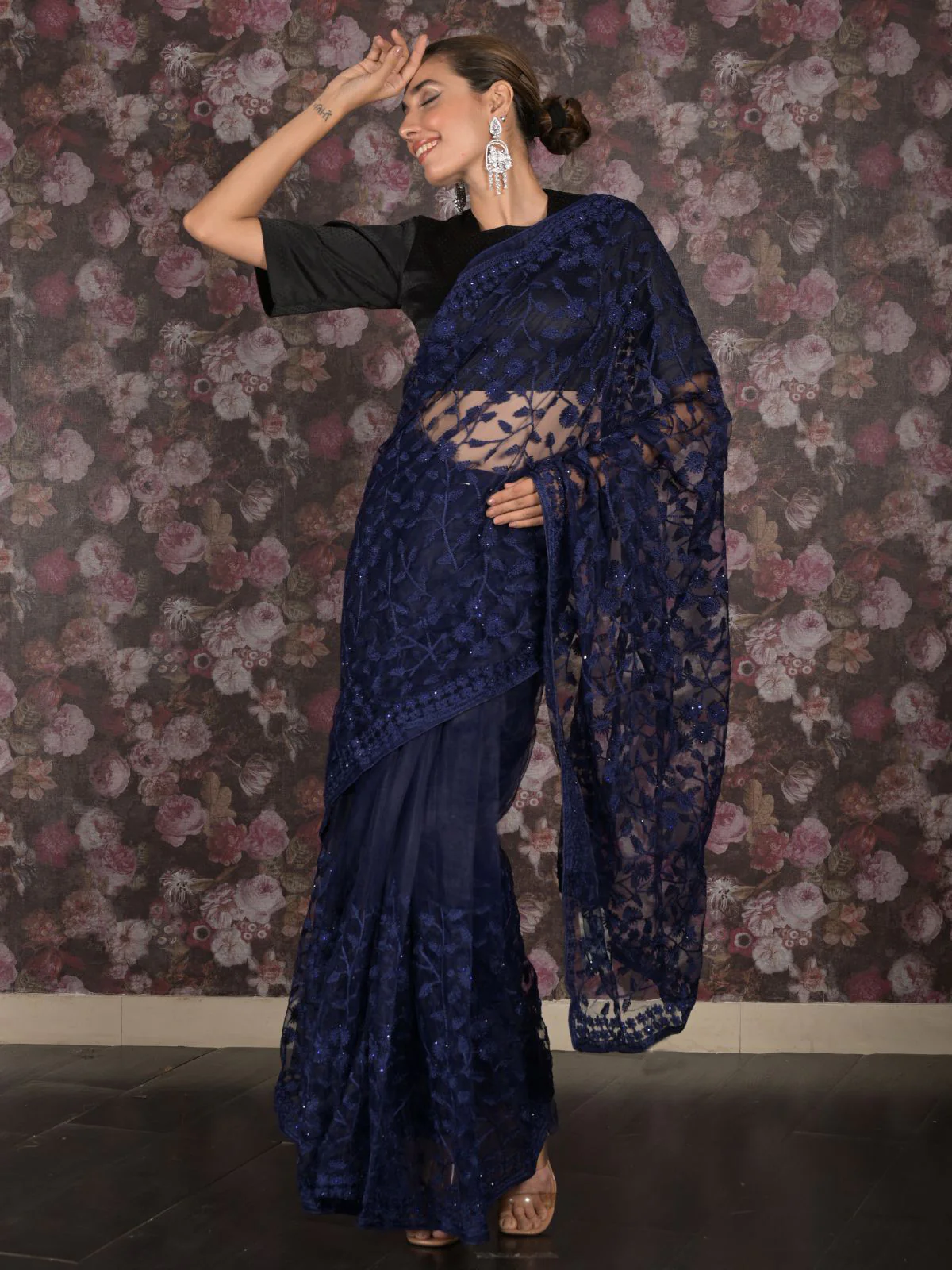 Odette Navy Blue Embroidered Net Saree with Unstitched Blouse for Women - Image 3