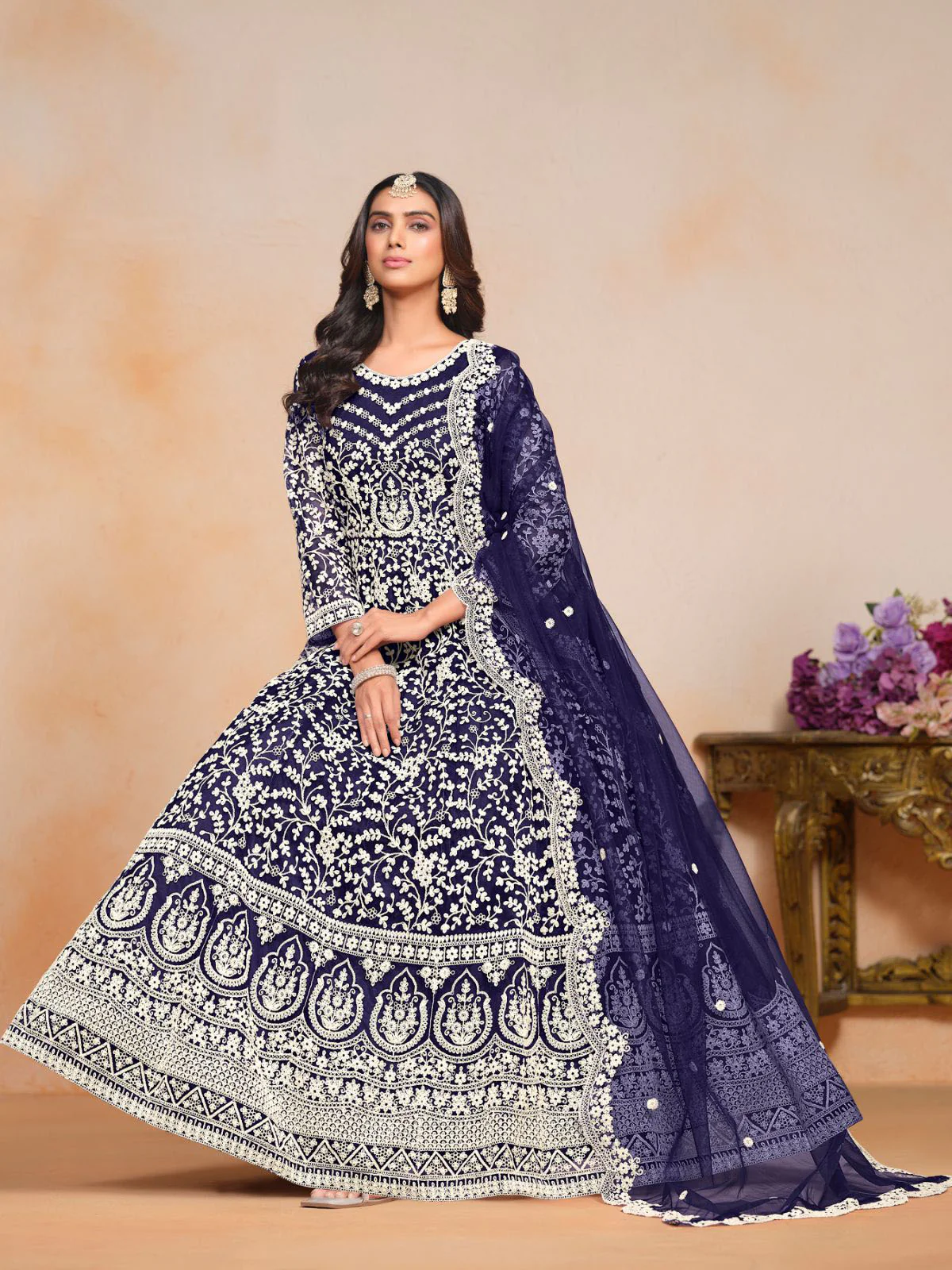 Odette Navy Blue Embroidered Net Semi Stitched Gown With Dupatta For Women - Image 2