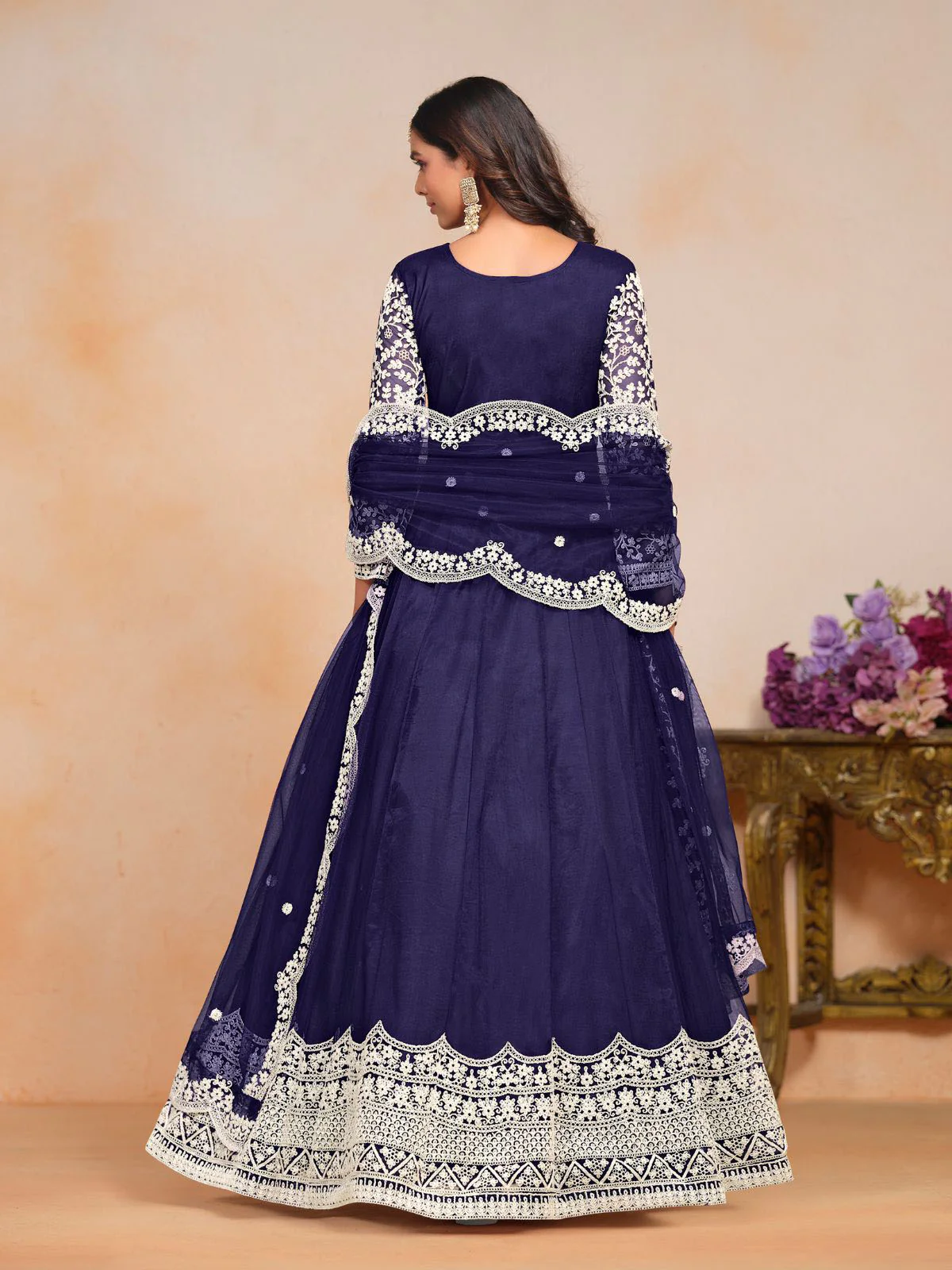 Odette Navy Blue Embroidered Net Semi Stitched Gown With Dupatta For Women - Image 3