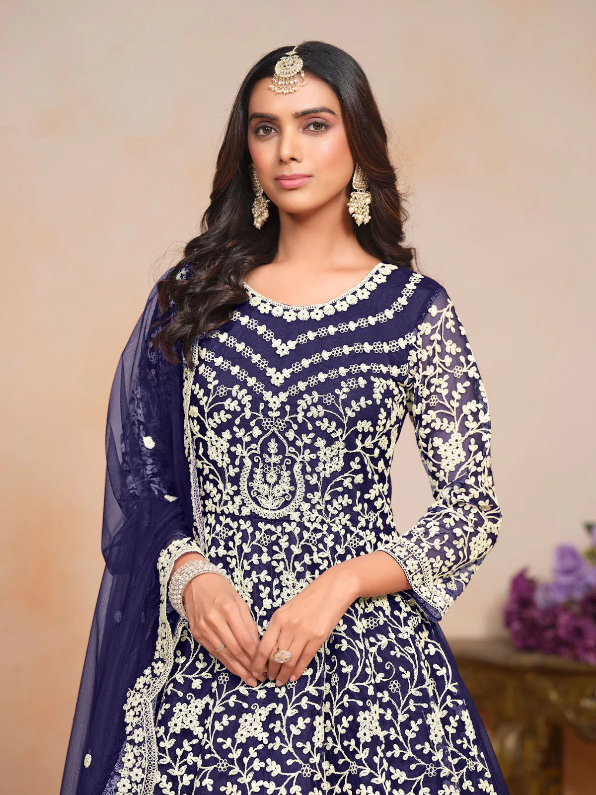 Odette Navy Blue Embroidered Net Semi Stitched Gown With Dupatta For Women - Image 4