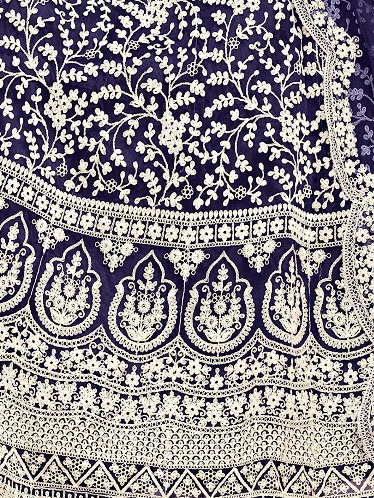 Odette Navy Blue Embroidered Net Semi Stitched Gown With Dupatta For Women - Image 5