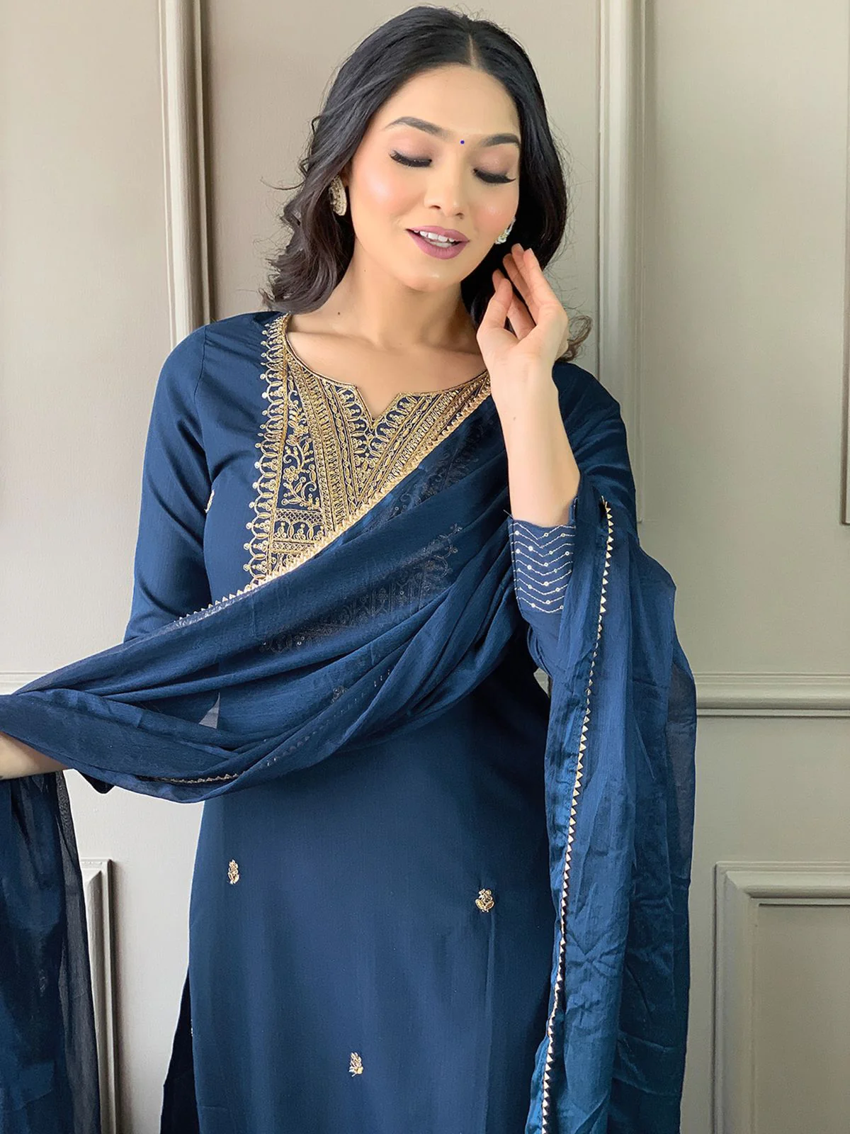 Odette Navy Blue Embroidered Rayon Stitched Kurta Salwar Set For Women - Image 4