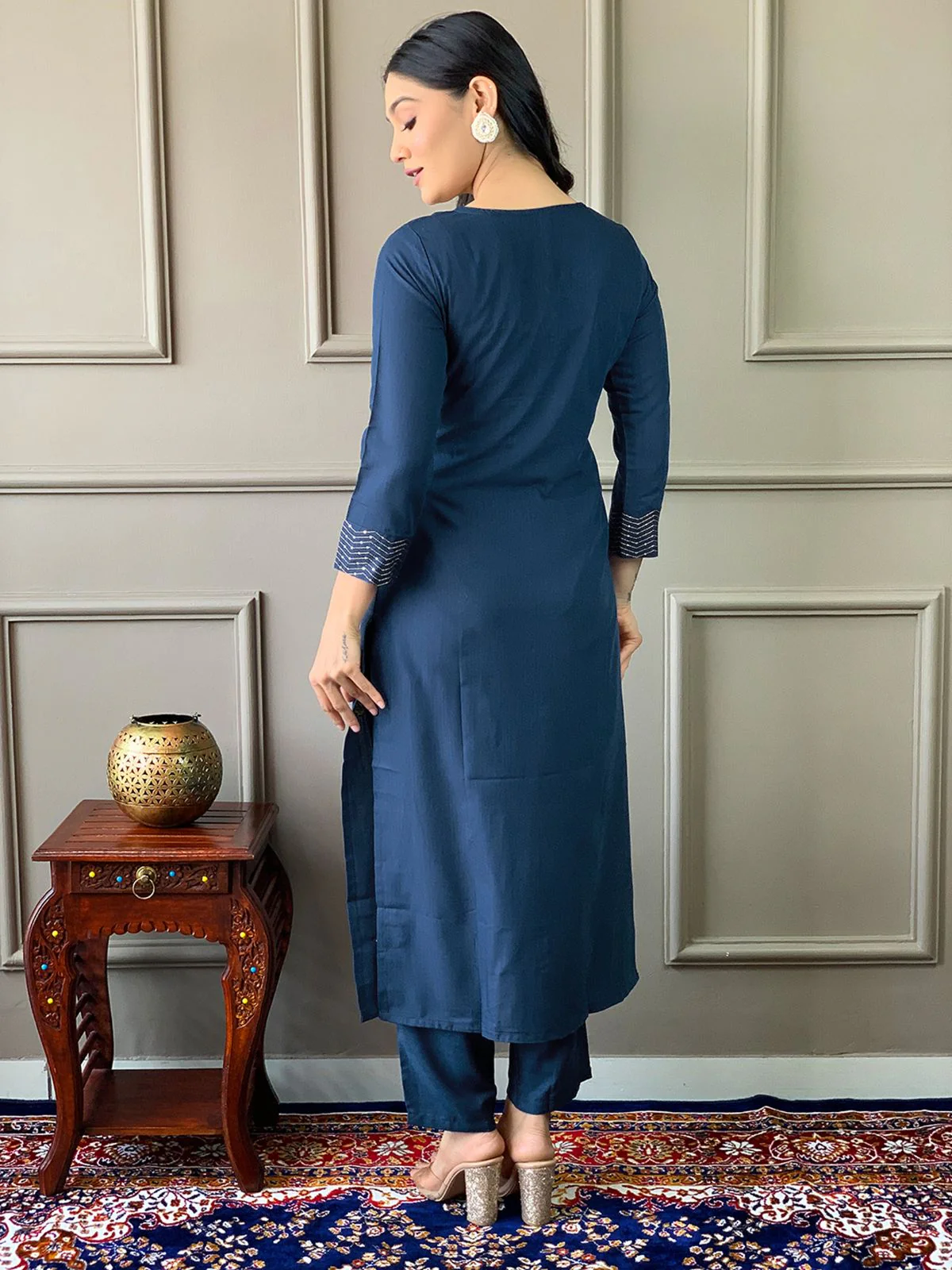 Odette Navy Blue Embroidered Rayon Stitched Kurta Salwar Set For Women - Image 5