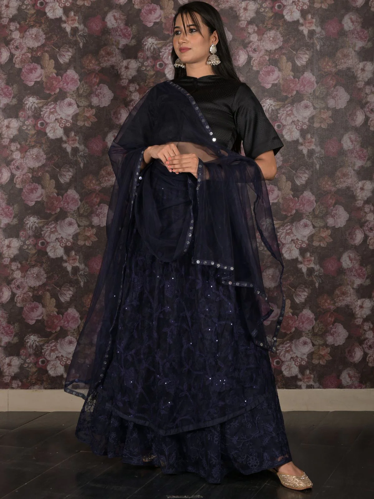 Odette Navy Blue Embroidered Semi Stitched Net Lehenga Set With Dupatta And Unstitched Blouse For Women