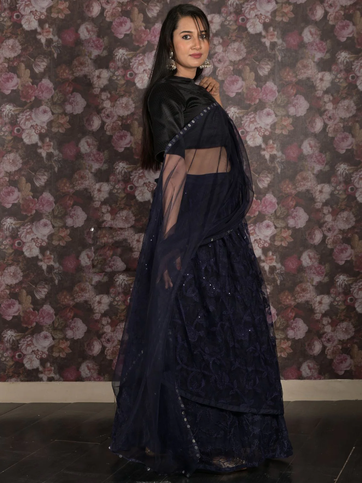 Odette Navy Blue Embroidered Semi Stitched Net Lehenga Set With Dupatta And Unstitched Blouse For Women - Image 3