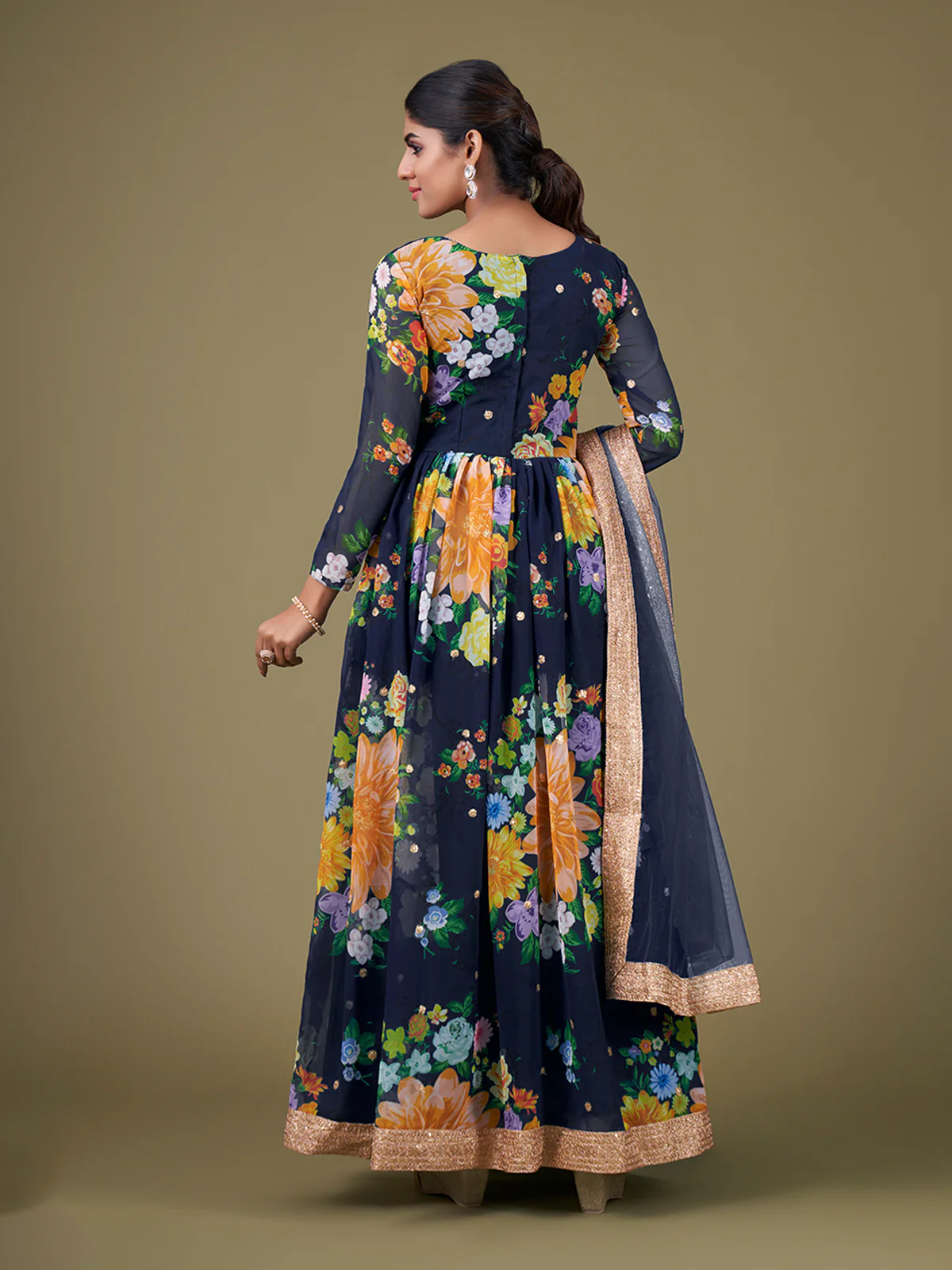 Odette Navy Blue Faux Georgette Printed Semi Stitched Anarkali Kurta Set For Women - Image 3